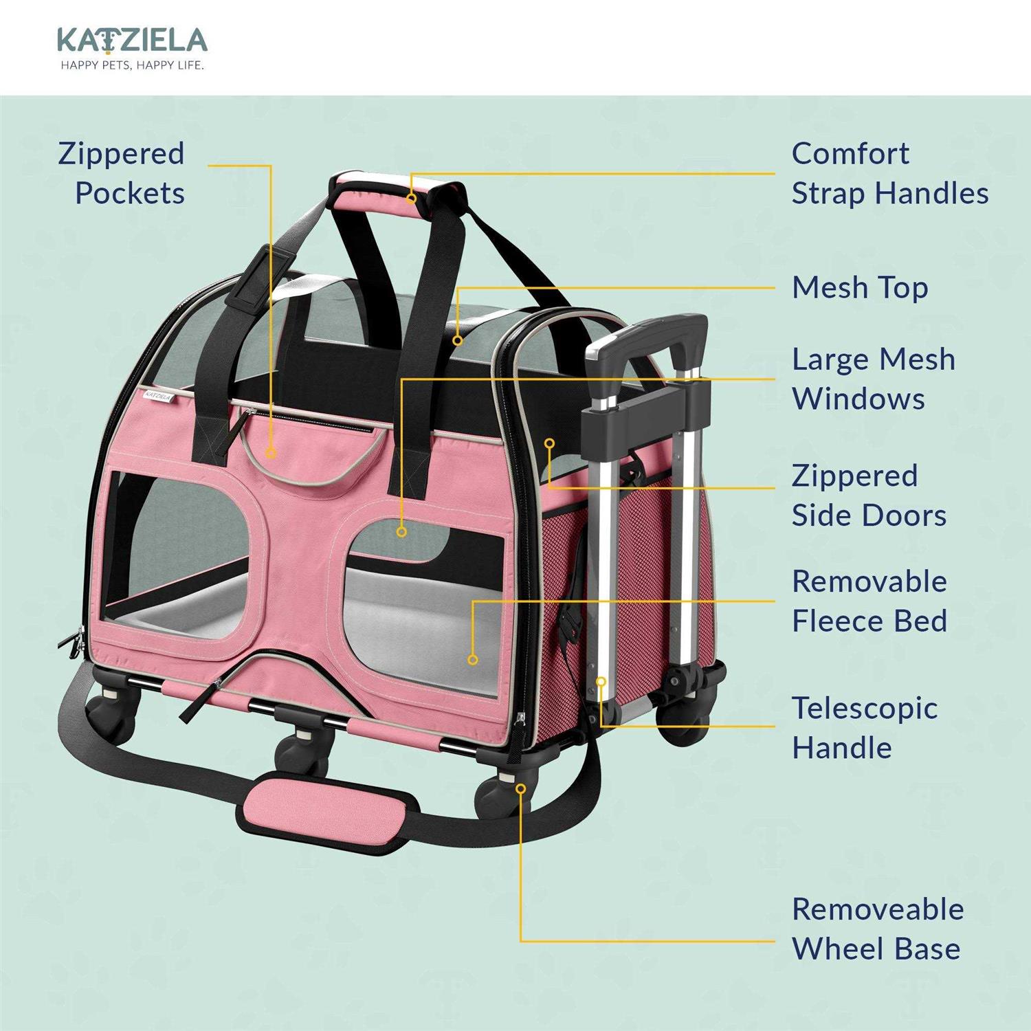 Katziela Luxury Rider Pro Pet Carrier with Removable Wheels and Double Telescopic Handle
