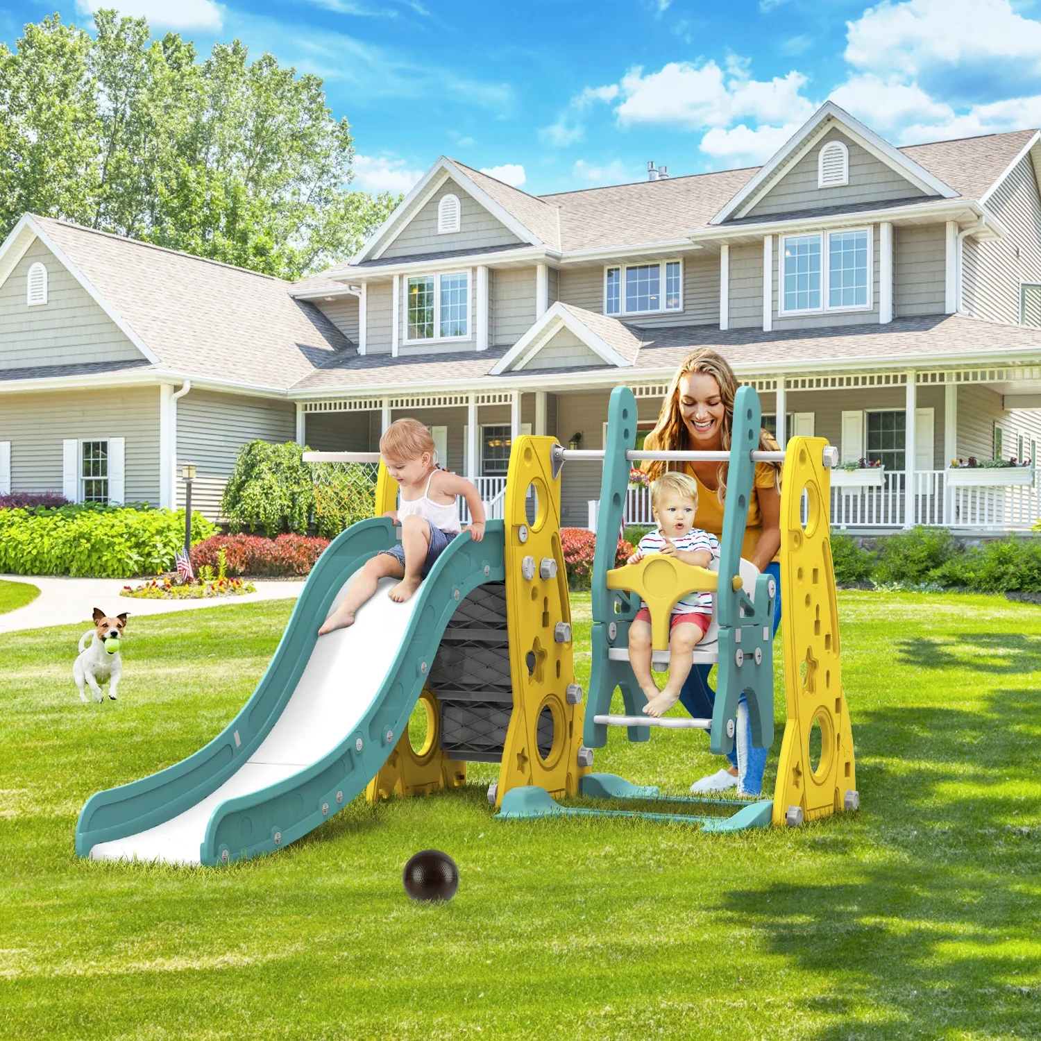 GIKPAL 6 in 1 Toddler Slide and Swing Set, Kids Large Climber Slide Playset with Basketball Hoop Playground Swing Set for Indoor Outdoor Backyard 3-10 Gifts Presents