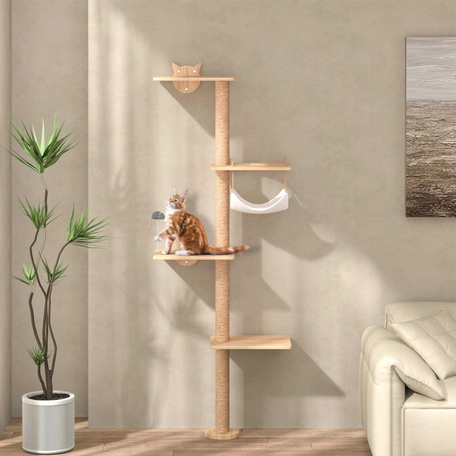 Coziwow 4-Tier Cat Tree Shelf Wall Mounted Scratching Post with Hammock