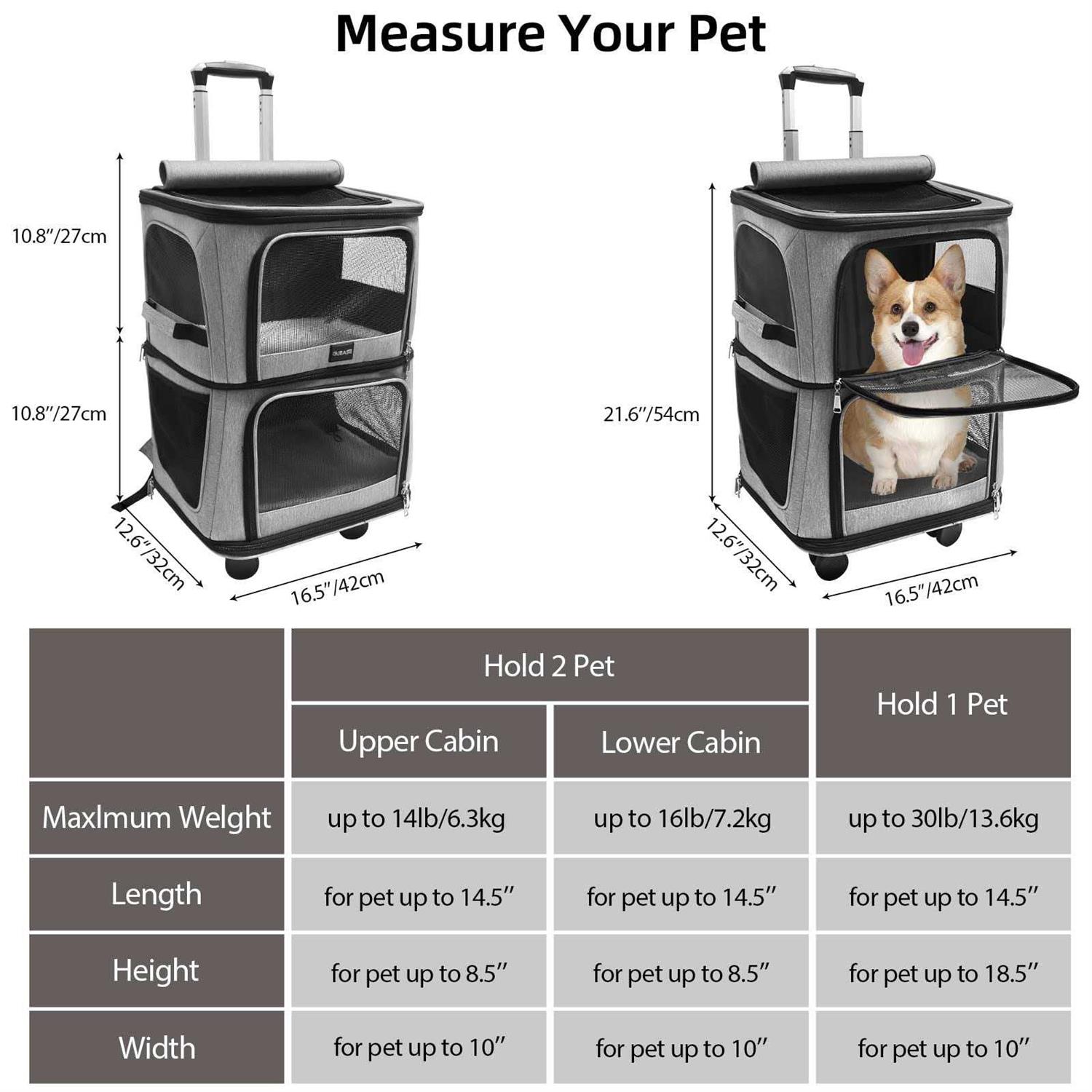 GJEASE Double-Compartment Pet Dog Rolling CarrierBackpack with Wheels,Cat Carrier for 2 Cats,Super Ventilated Design,Ideal for Traveling/Hiking
