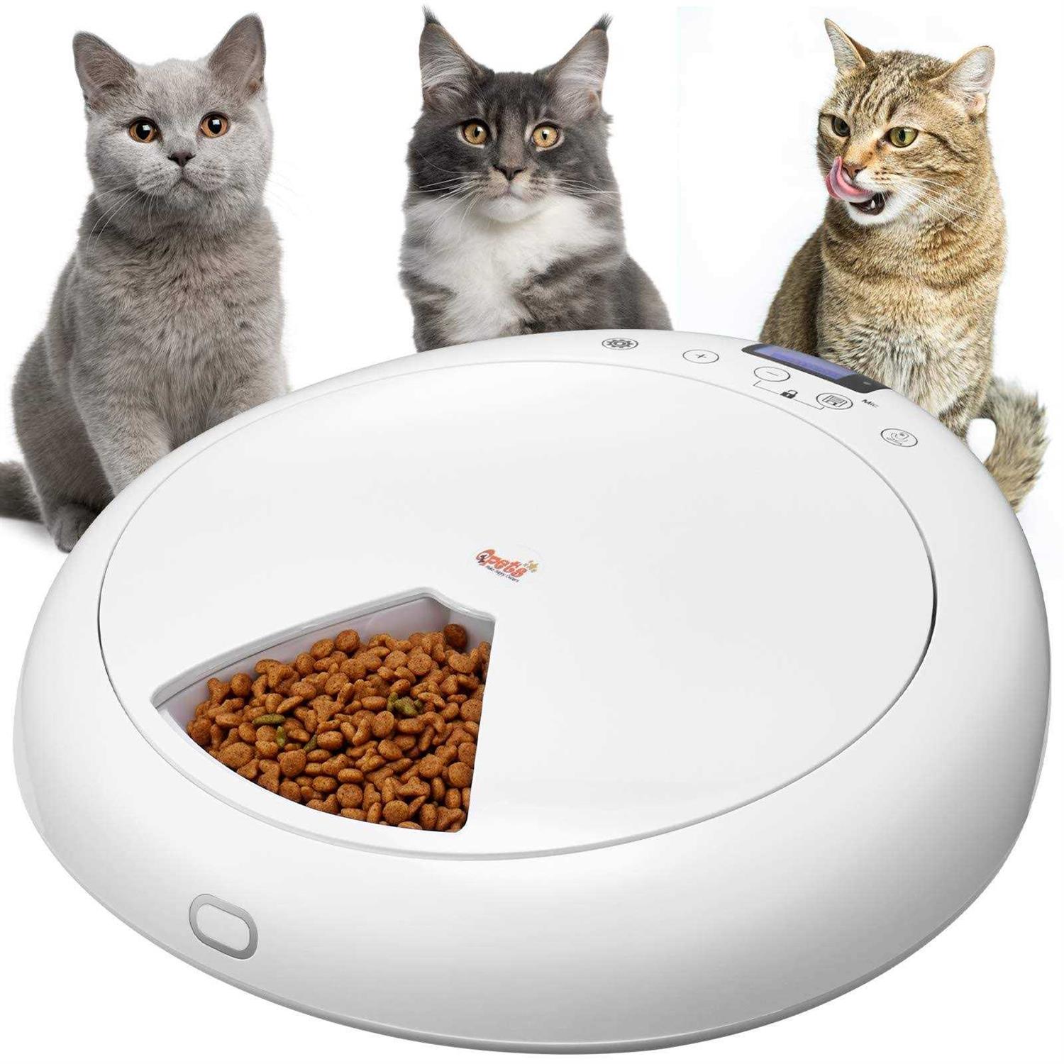 QPETS 6 Meals Automatic Cat Dog Feeder Auto Pet Feeder with Programmable Timer,Auto Dry Dispenser for Kitten and Little Dog Voice Recording and