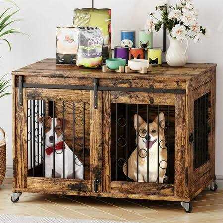 Cuoote Dog Crate Furniture, 39” Movable Dog Crate with Wheels, Sliding Door, Indoor Dog Cage with Side Door and Detachable Partition