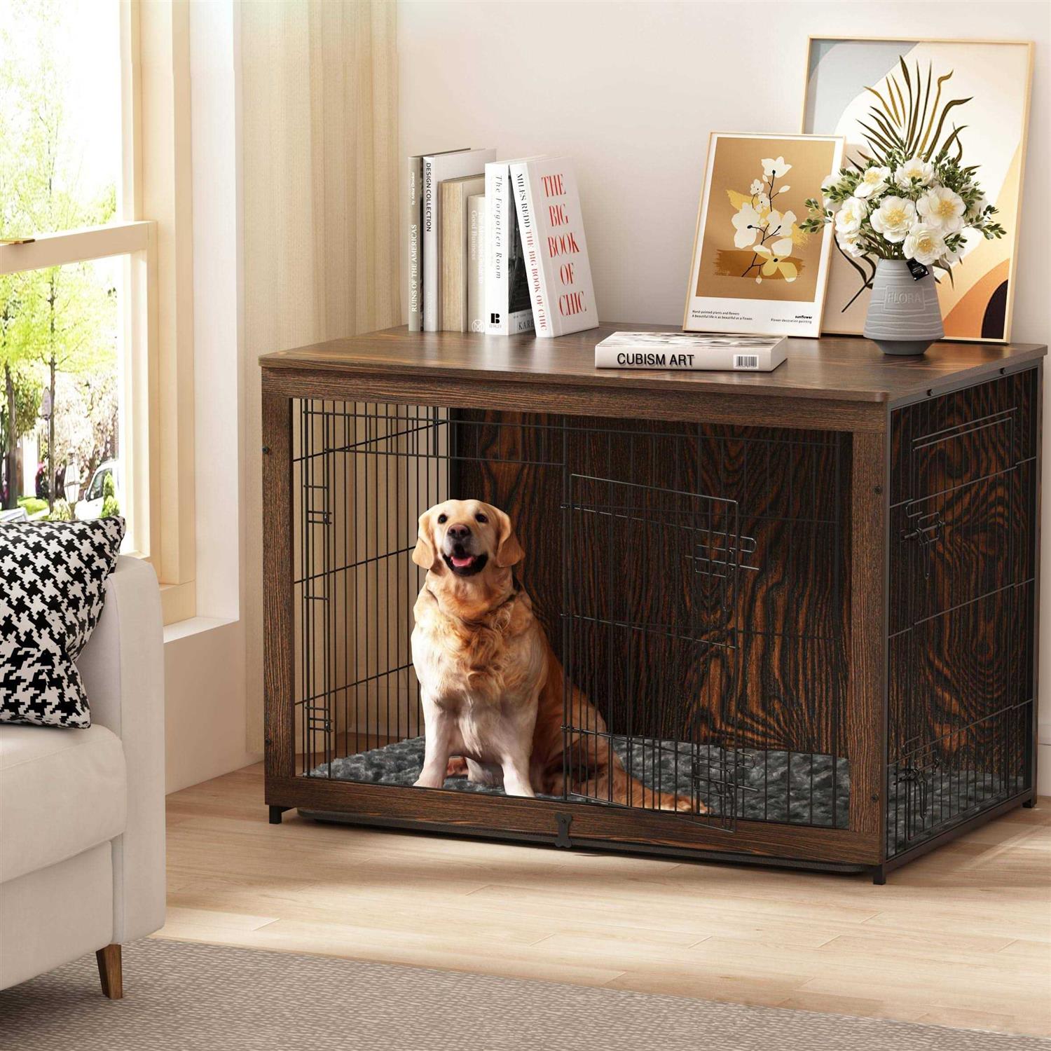 Megidok Wooden Dog Crate Furniture with Cushion Dog Crate End Table with Tray