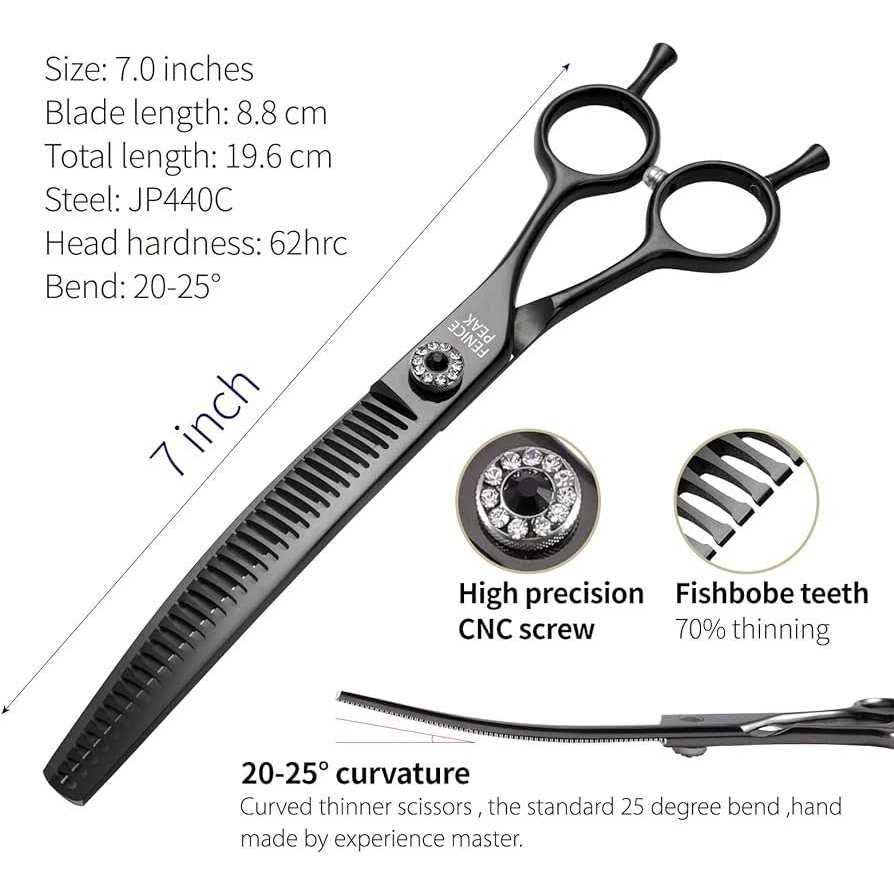 Fenice Peak Professional Dog Grooming Scissors Pet Curved Thinning Shears 7.0” Extremely Sharp Blades 440C Steel Thinning Scissors Durable Smooth