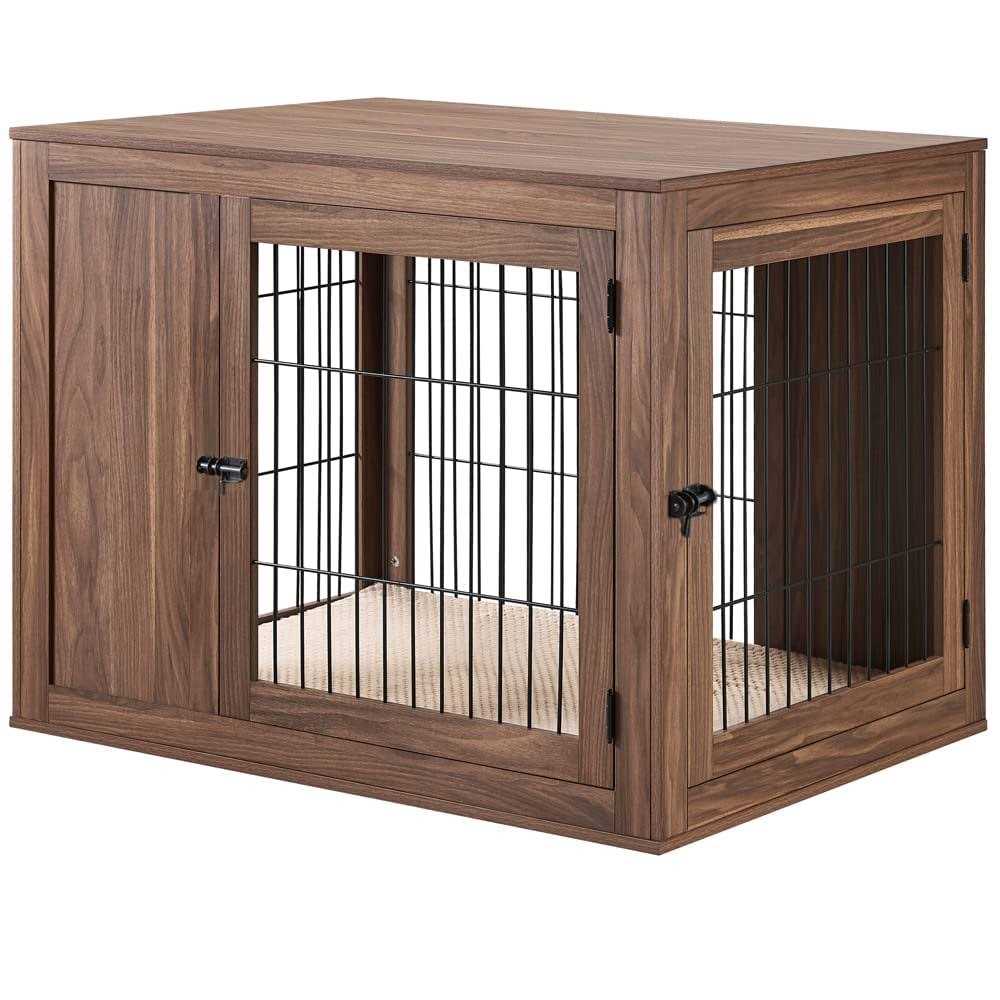 Unipaws Dog Crate End Table with Cushion Wooden Wire Pet Kennels with Double Doors
