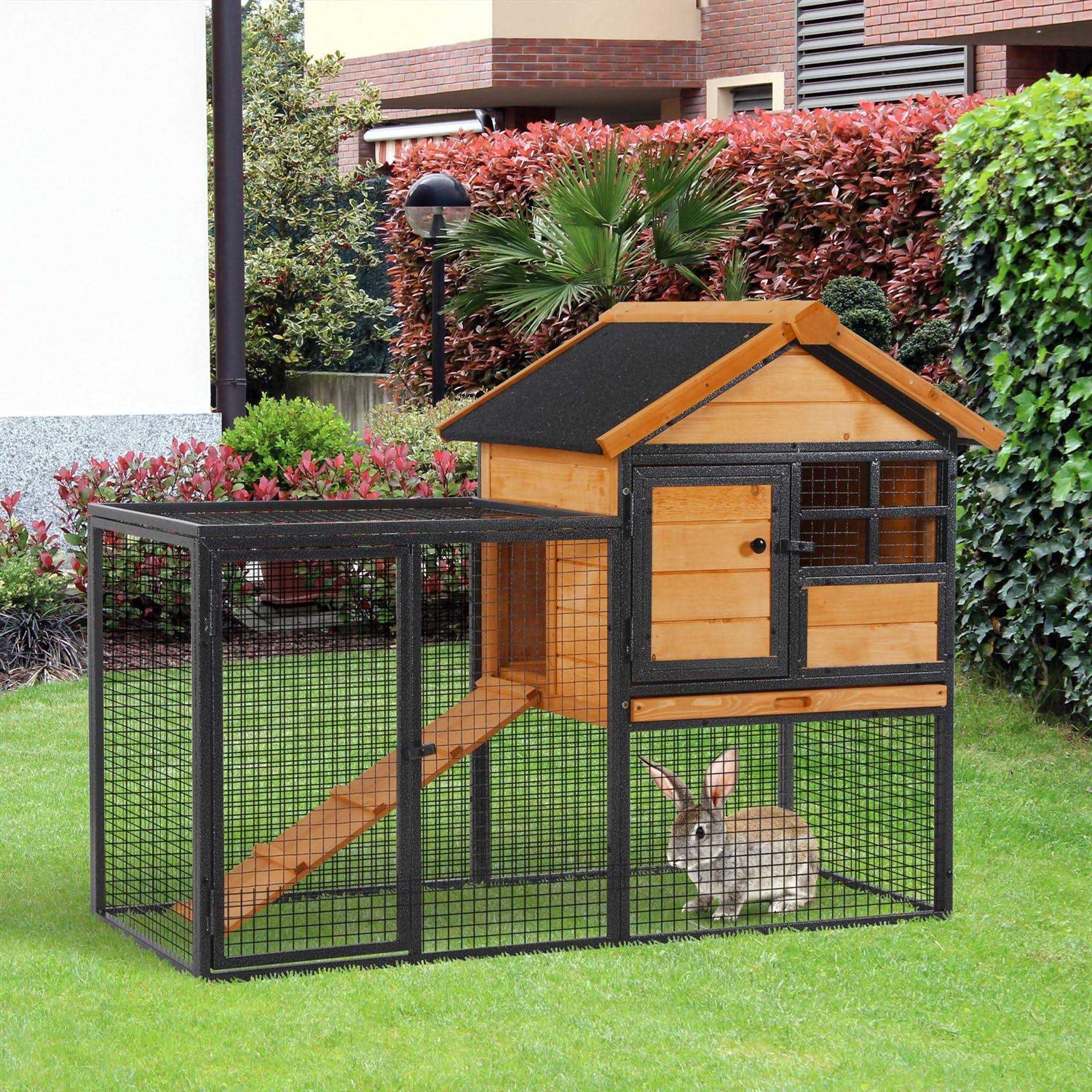 PawHut Wood-metal Elevated Pet Bunny House Rabbit Cage with Slide-Out Tray Outdoor