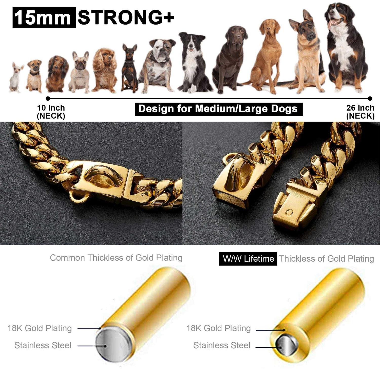 W/W Lifetime Gold Dog Chain Collar Walking Metal Chain Collar with Design Secure Buckle,18K Cuban Link Strong Heavy Duty Chew Proof for Medium Dogs