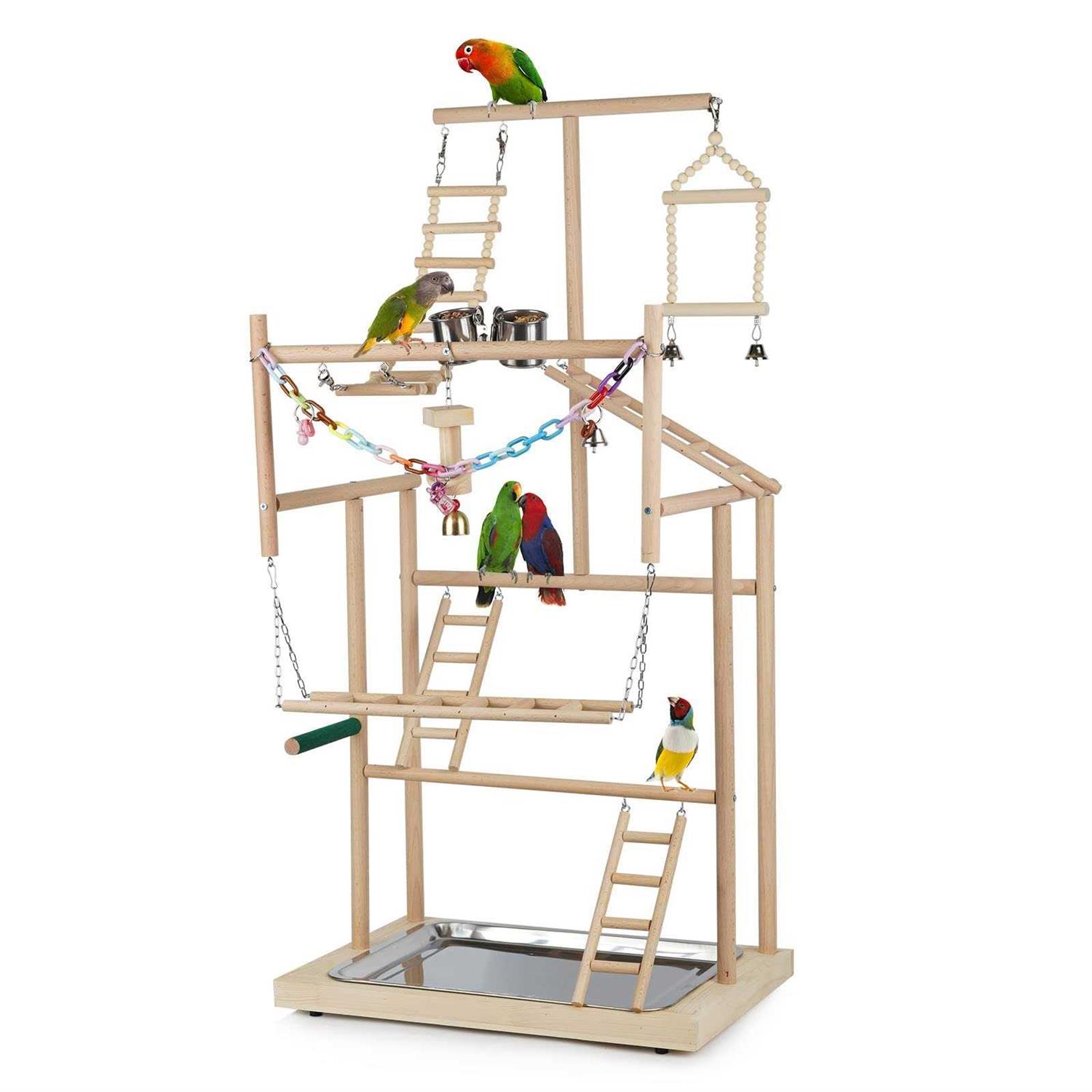 Ibnotuiy Pet Parrot Playstand Parrots Bird Playground Bird Play Stand Wood Perch Gym Playpen Ladder with Feeder Cups Bells for Cockatiel Parakeet