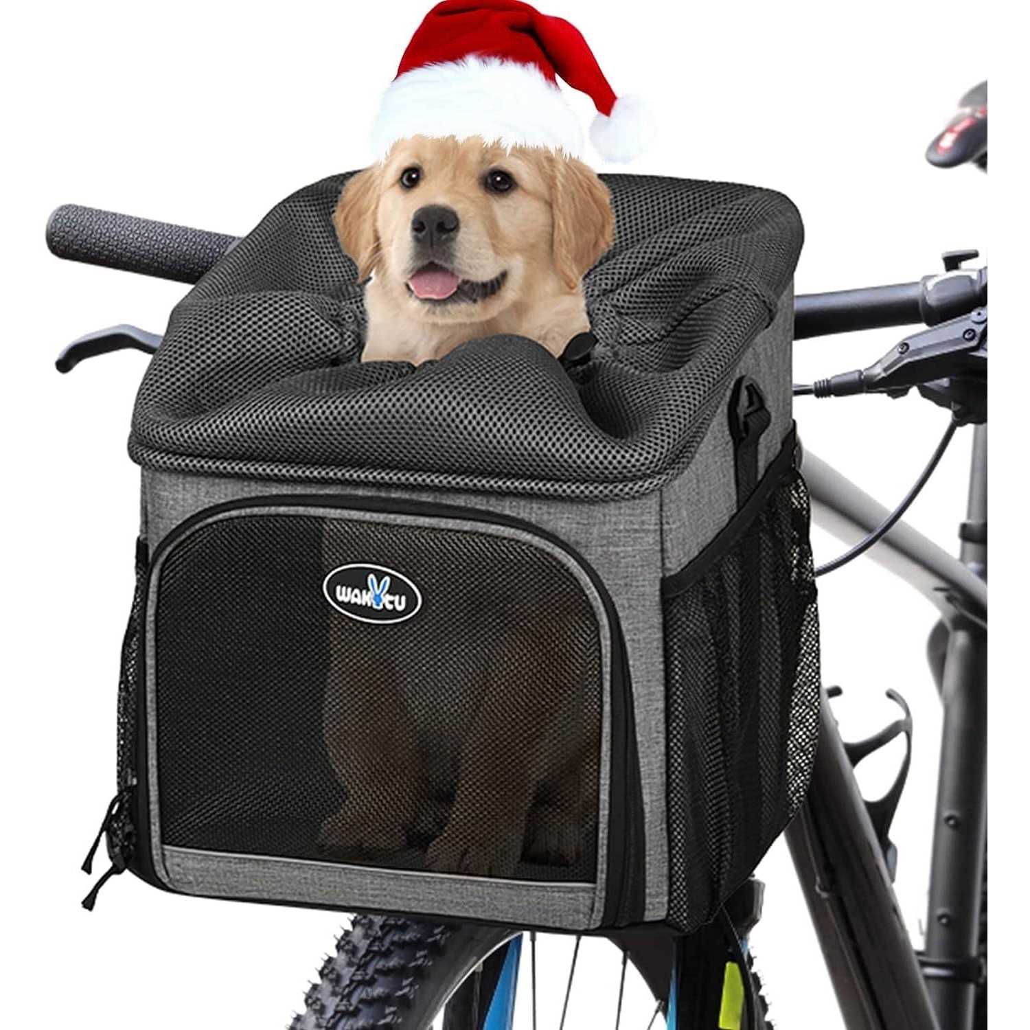 Wakytu Dog Bike Basket Carrier Pet Bicycle Front Carrier Backpack for Bike Riding Foldable Removable