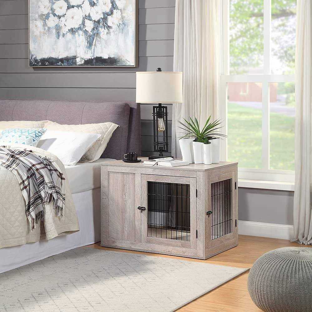 Unipaws Dog Crate End Table with Cushion Wooden Wire Pet Kennels with Double Doors