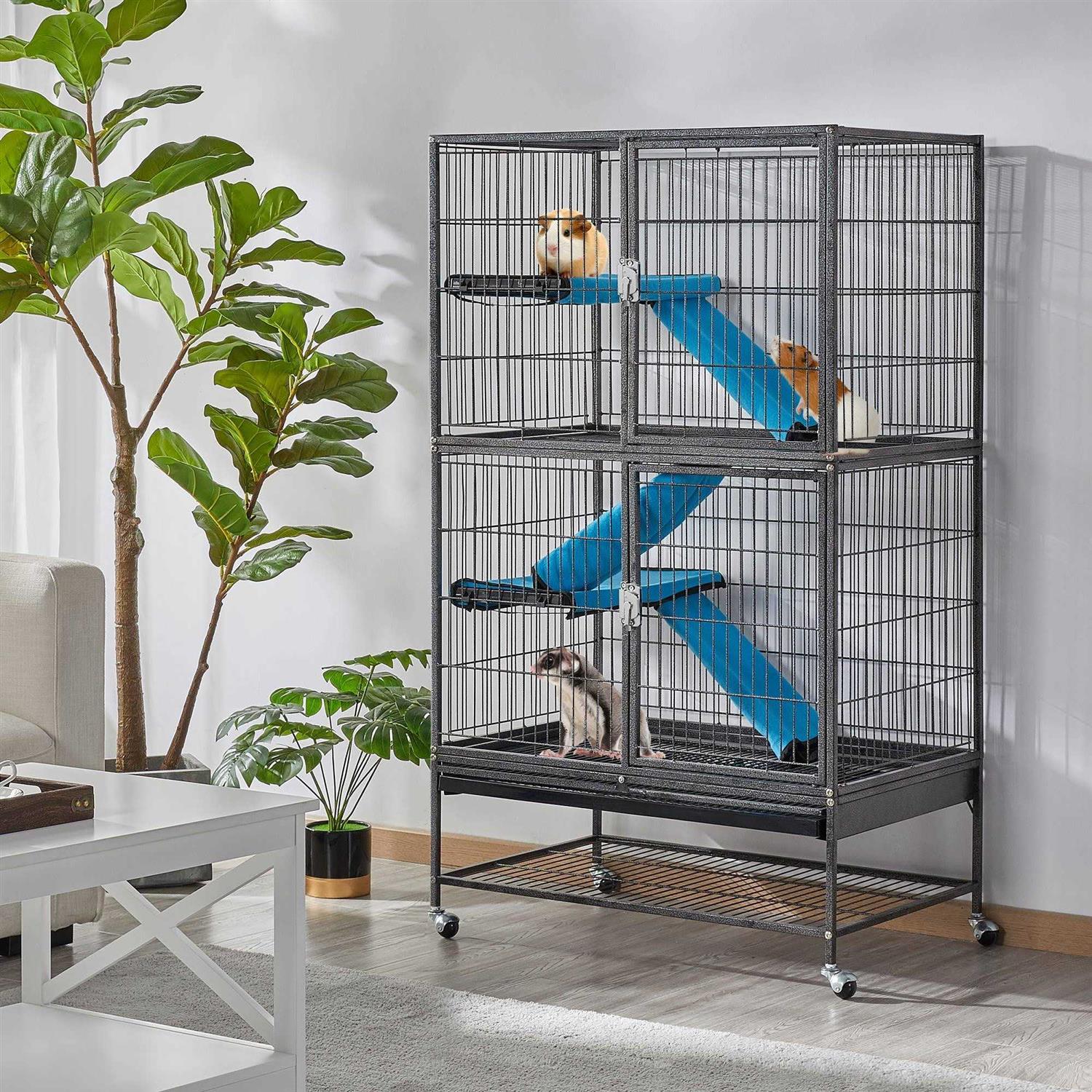 Topeakmart Hammered Black Rolling Metal Small Animal Cage with Removable Ramp