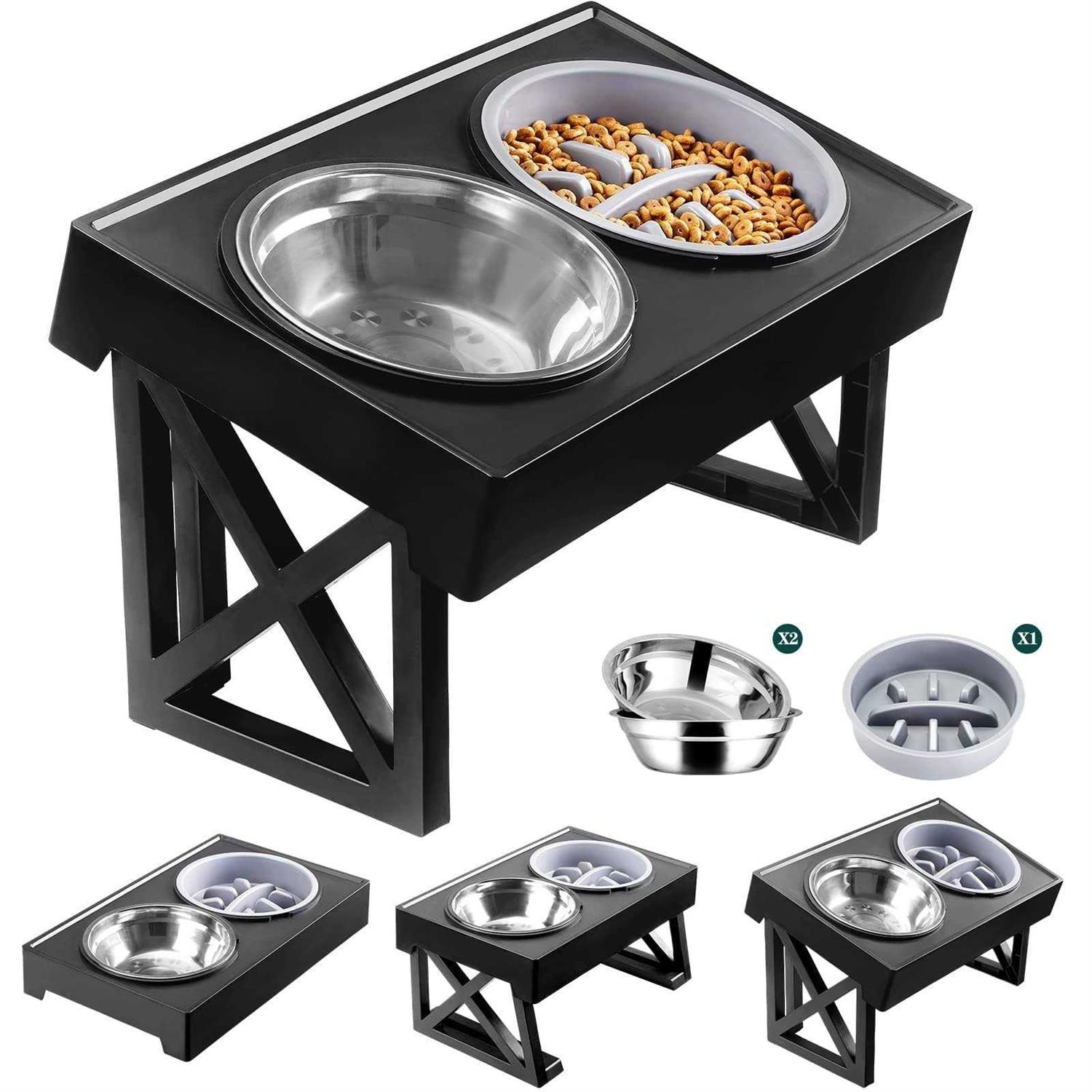 MDEHOPET Dog Bowl Stand for Small Medium Large Dogs 3 Adjustable Heights Elevated Dog Bowls Feeder with Slow Feeder Bowl 2 Stainless Steel Food