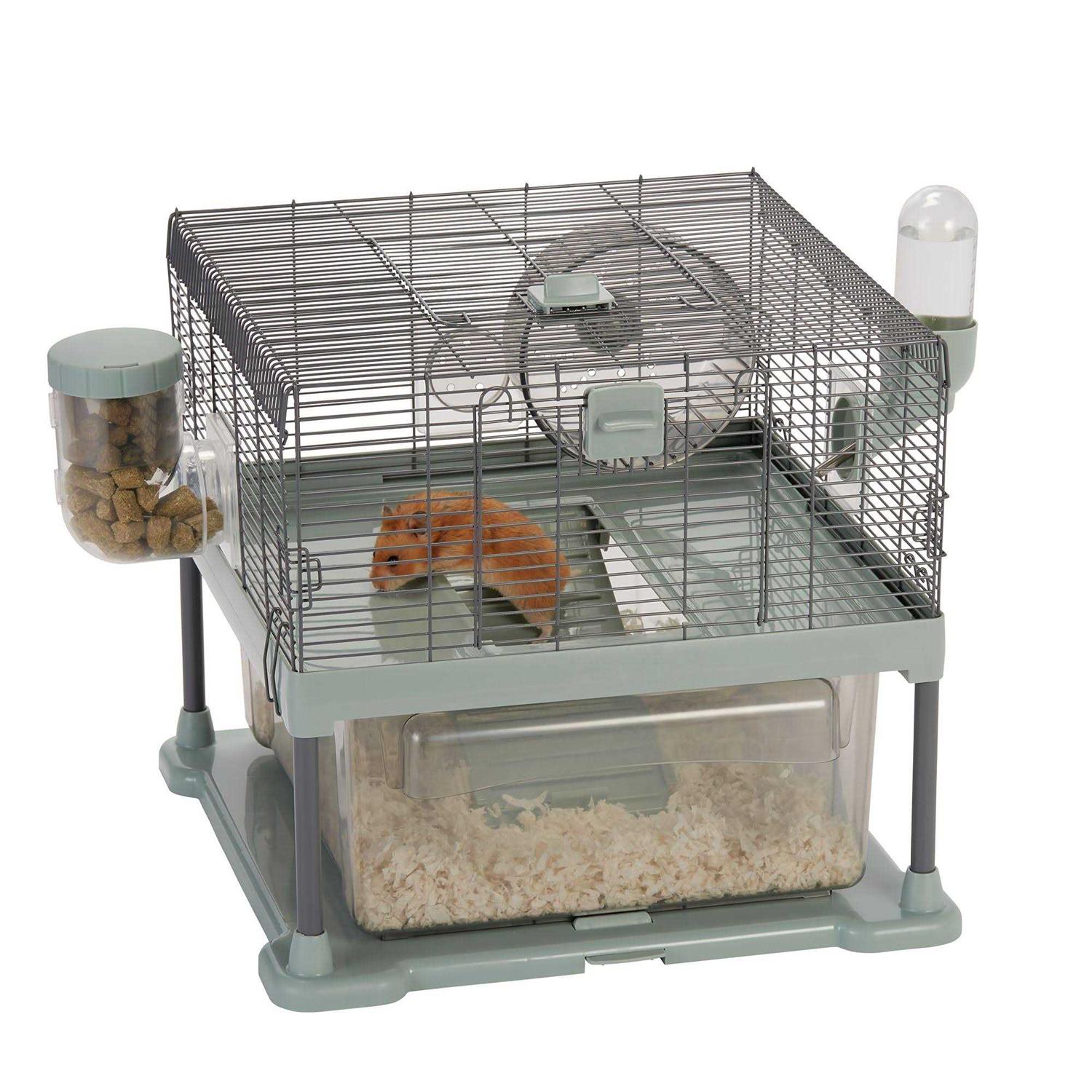 Full Cheeks Quick Clean Small Pet Habitat Includes Cage, Wheel, Food Dispense, and Water Bott