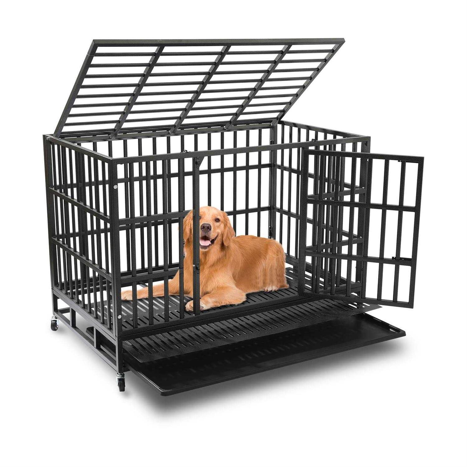 HAILANG 48 Inch Heavy Duty Dog Crate Cage Kennel with Wheels Indestructible Double Door Dog Crate with Removable Trays