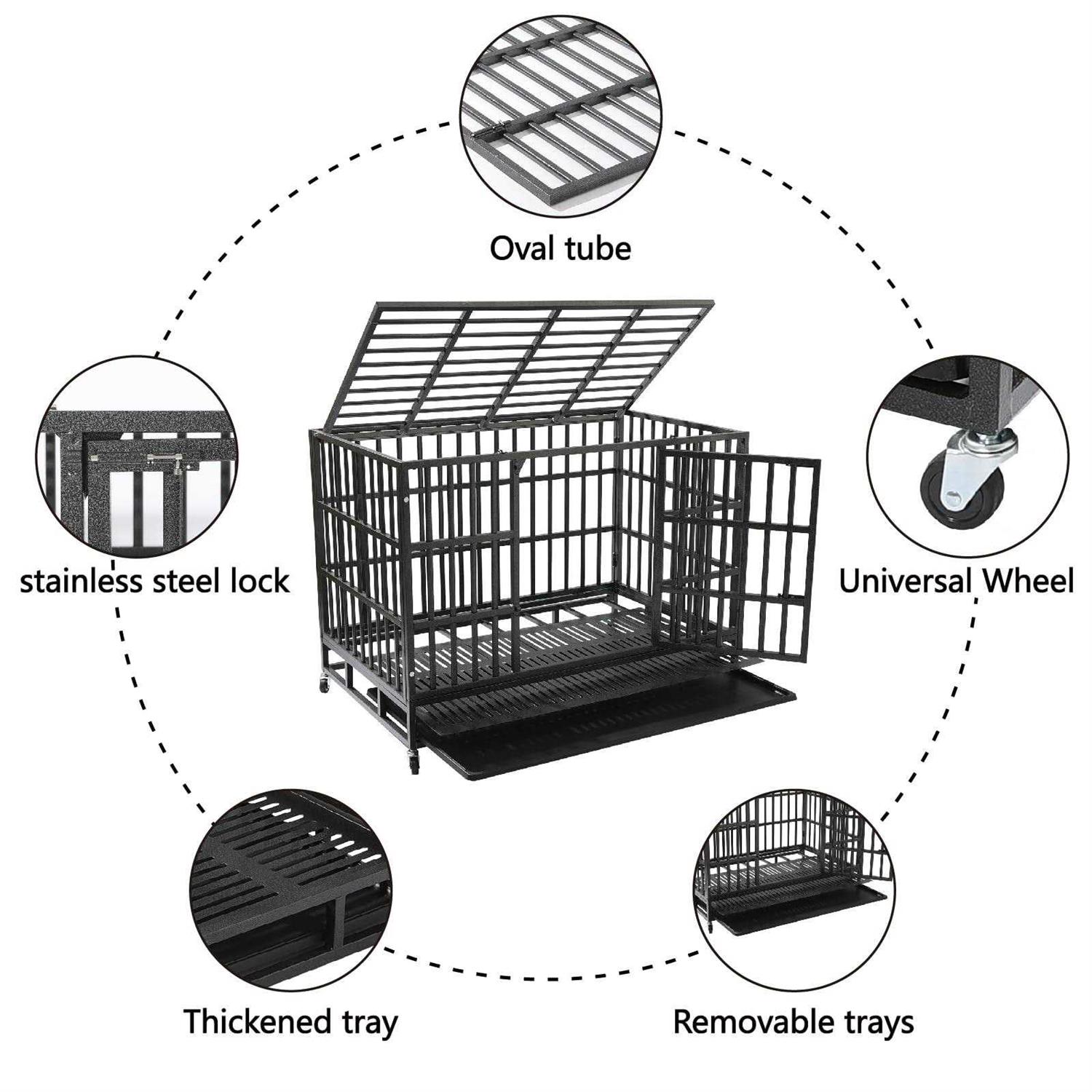 HAILANG 48 Inch Heavy Duty Dog Crate Cage Kennel with Wheels Indestructible Double Door Dog Crate with Removable Trays