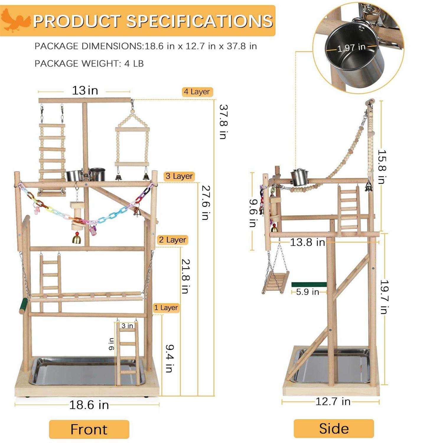 Ibnotuiy Pet Parrot Playstand Parrots Bird Playground Bird Play Stand Wood Perch Gym Playpen Ladder with Feeder Cups Bells for Cockatiel Parakeet