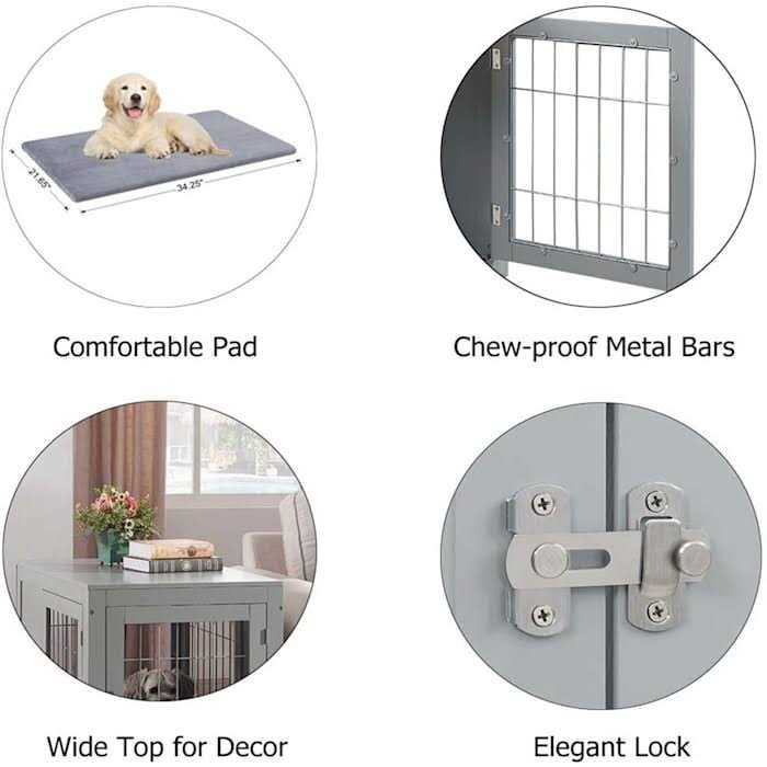 Unipaws Dog Crate End Table with Cushion Wooden Wire Pet Kennels with Double Doors