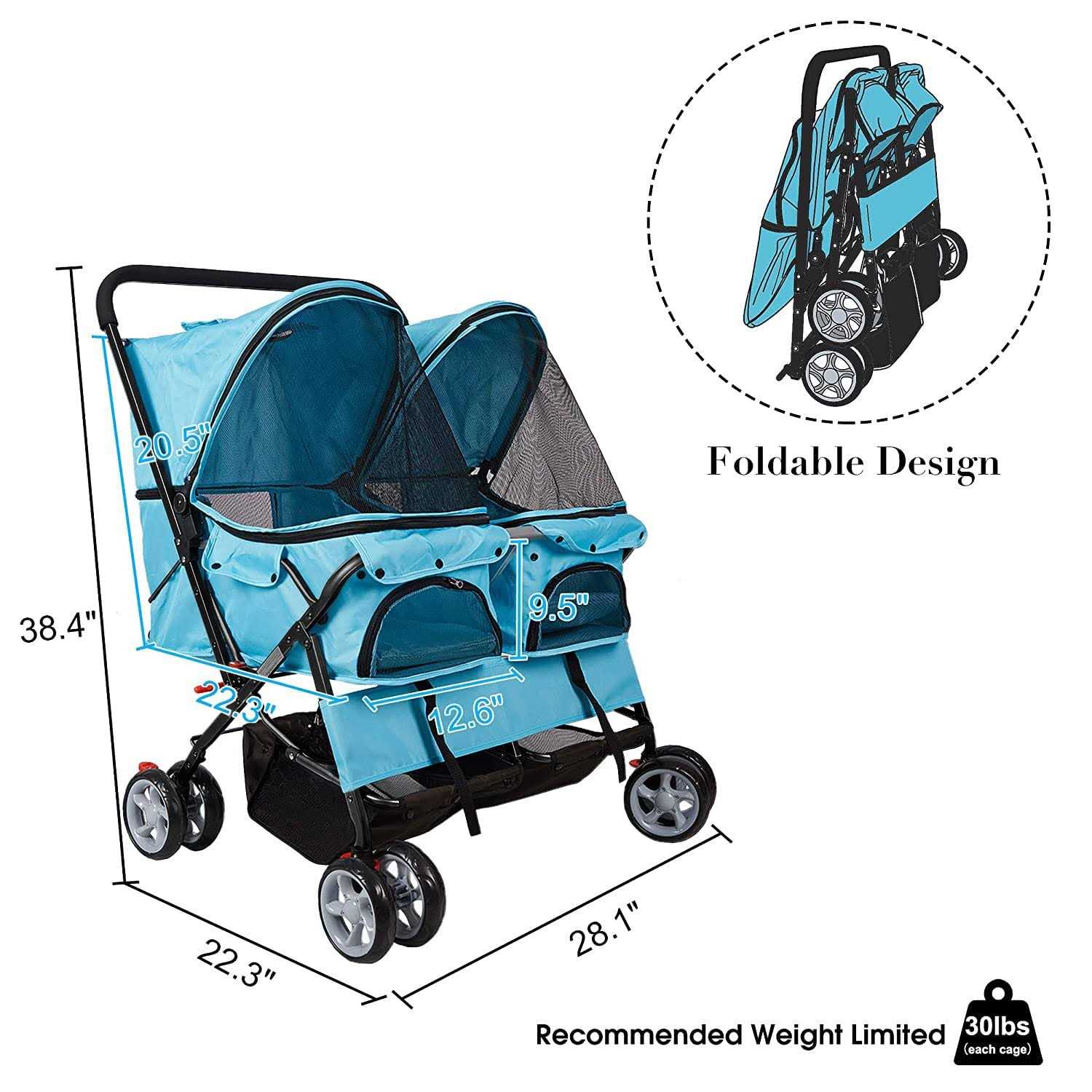 Dporticus Double Pet Stroller Foldable Stroller for 2 Dogs Cats Two-Seater Carrier Strolling Cart for Dog Cat and More Multiple Colors