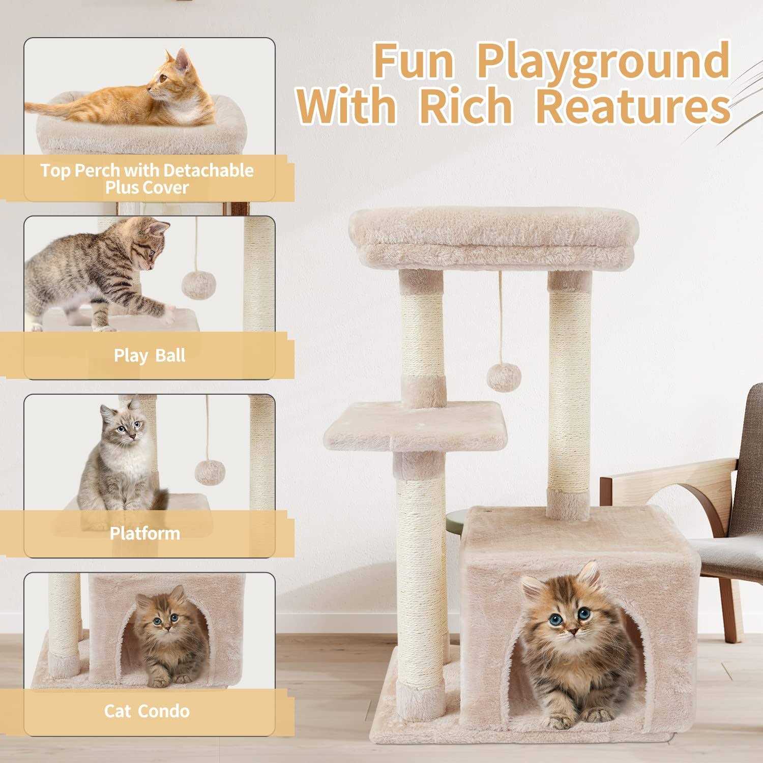 FISH&NAP Cute Cat Tree Kitten Cat Tower for Indoor Cat Condo Sisal Scratching Posts with Jump Platform Cat Furniture Activity Center Play House