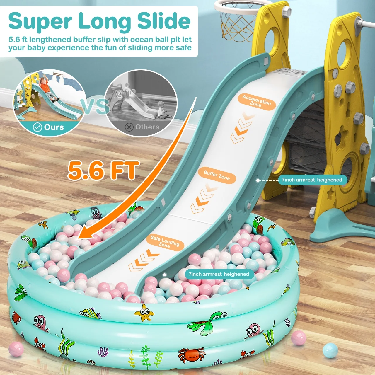 GIKPAL 6 in 1 Toddler Slide and Swing Set, Kids Large Climber Slide Playset with Basketball Hoop Playground Swing Set for Indoor Outdoor Backyard 3-10 Gifts Presents