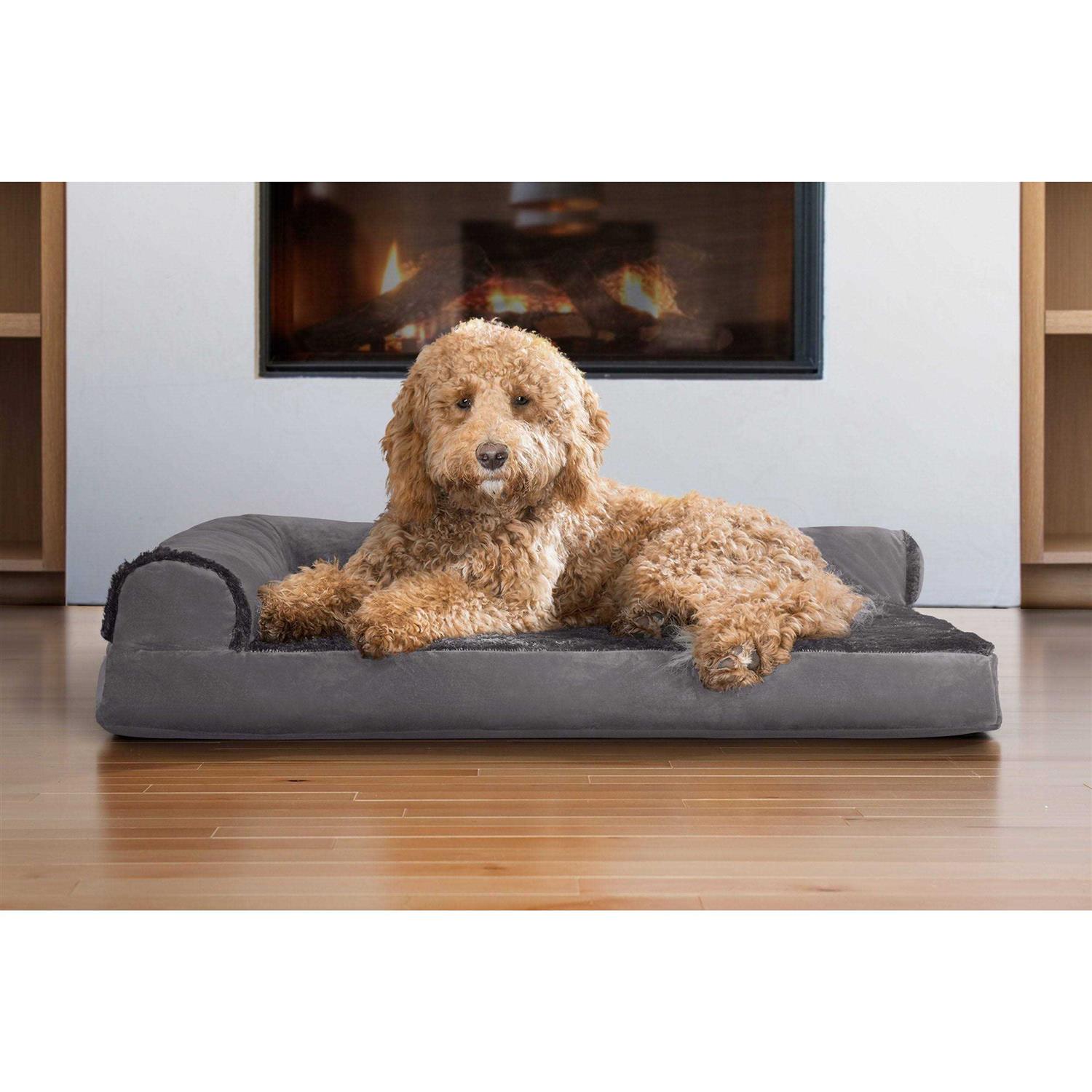 FurHaven Pet Bed Two-Tone Faux Fur Suede Deluxe Chaise Lounge Dog Bed