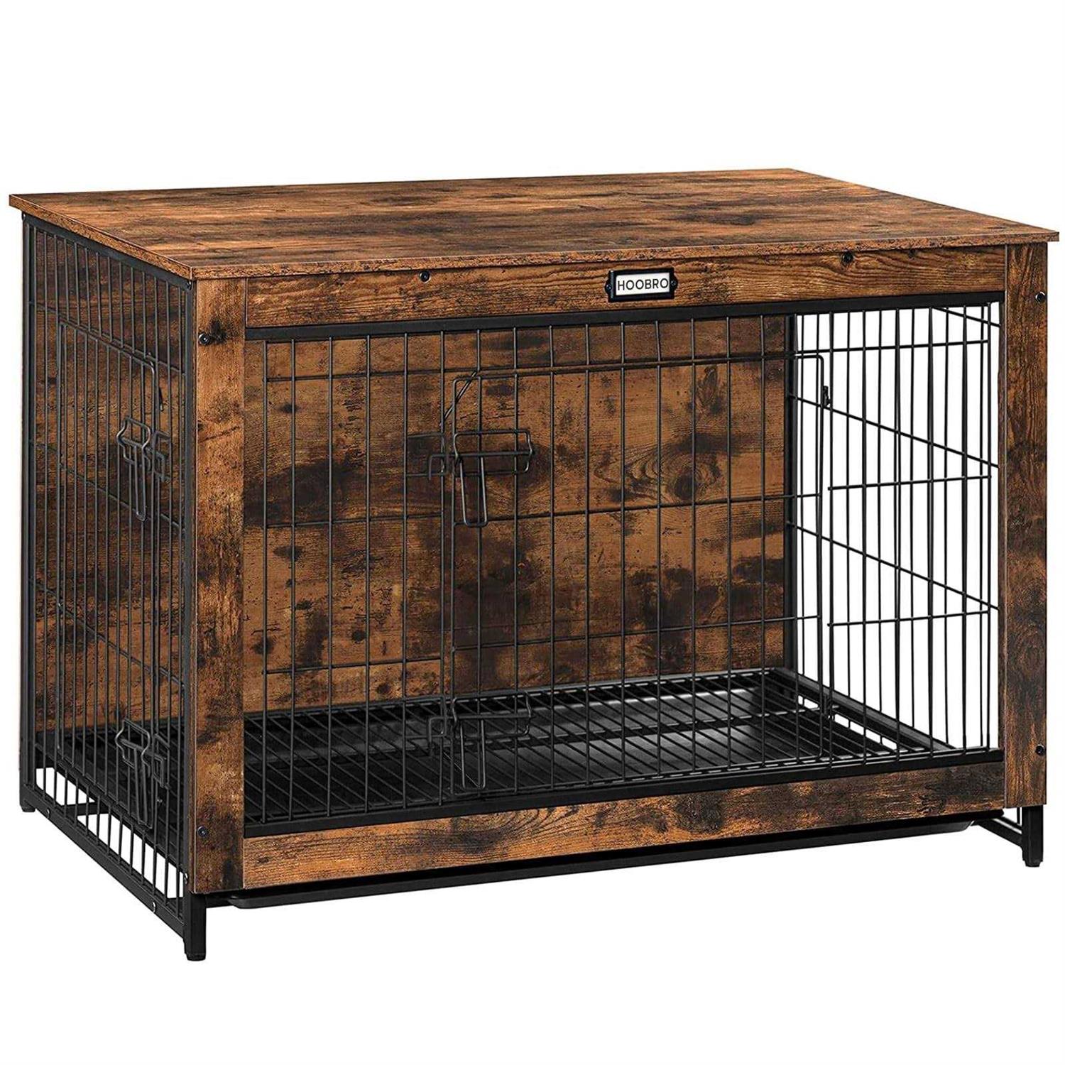 HOOBRO Dog Crate Furniture Large Dog Kennel Indoor 38.6 Wooden Pet Furniture with Pull-Out Tray