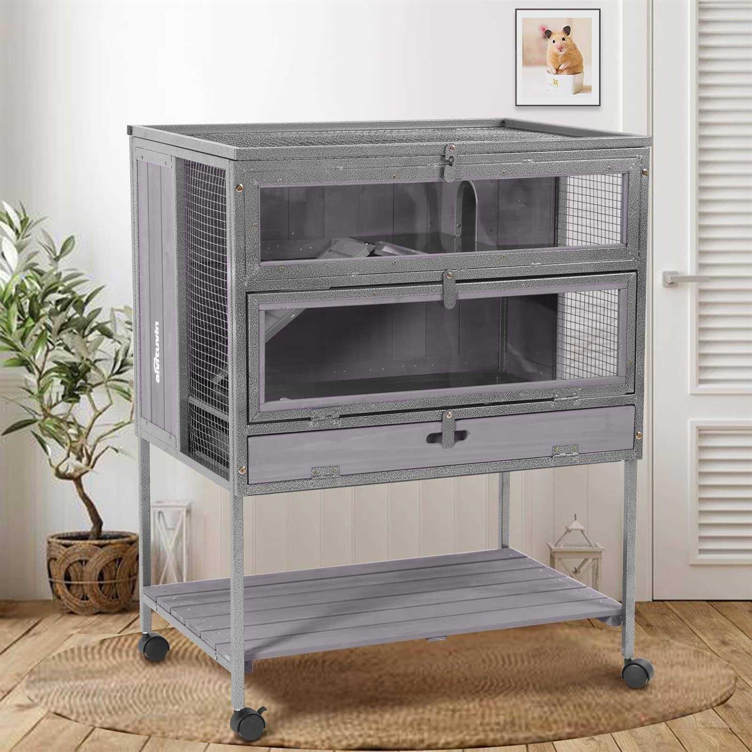 Aivituvin Hamster Cage Large Guinea Pig Cage with Metal Frame Movable Rat Habitat with Aluminium Alloy Edge,Plastic Deep Not Leakage Pull Out Tray,Storage