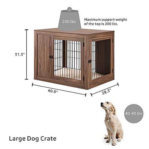 Unipaws Dog Crate End Table with Cushion Wooden Wire Pet Kennels with Double Doors