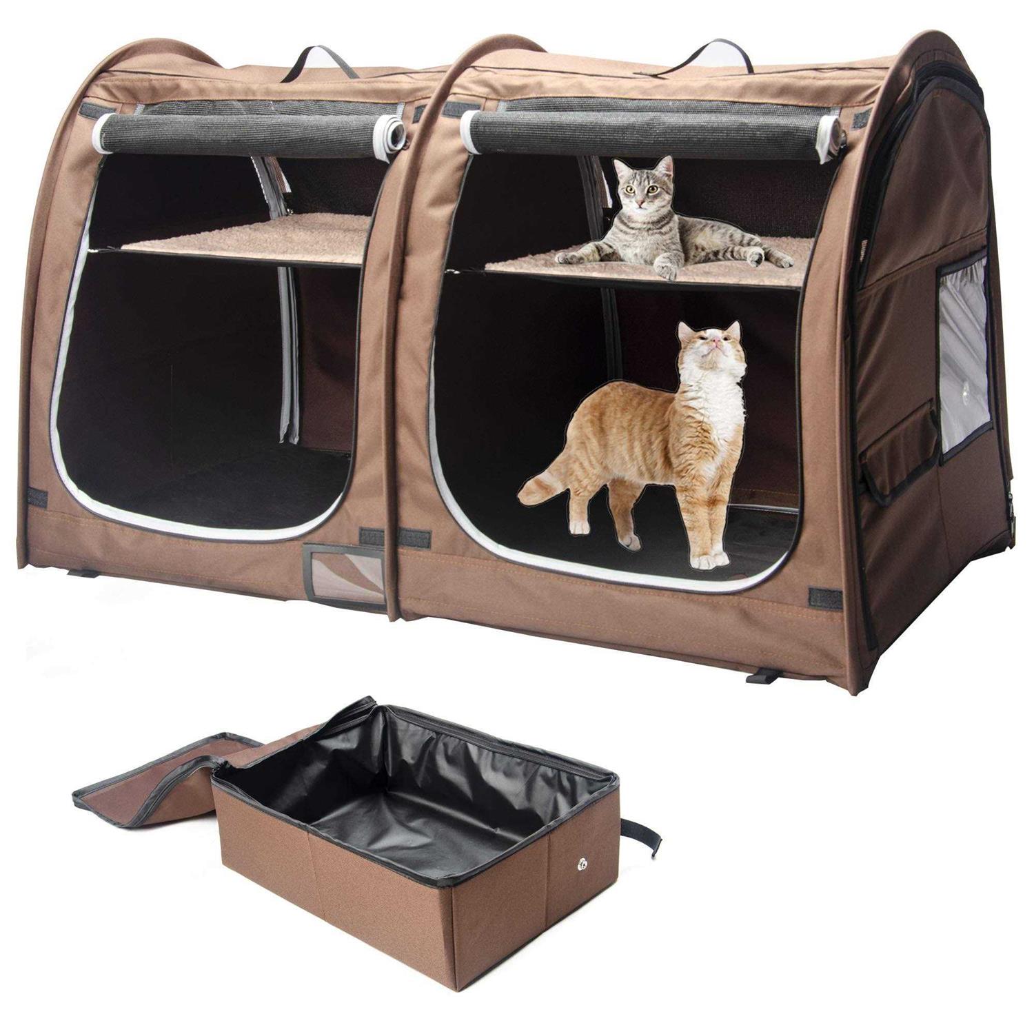 Mispace Portable Twin Compartment Show House Cat Cage/Condo Easy to Fold & Carry Kennel