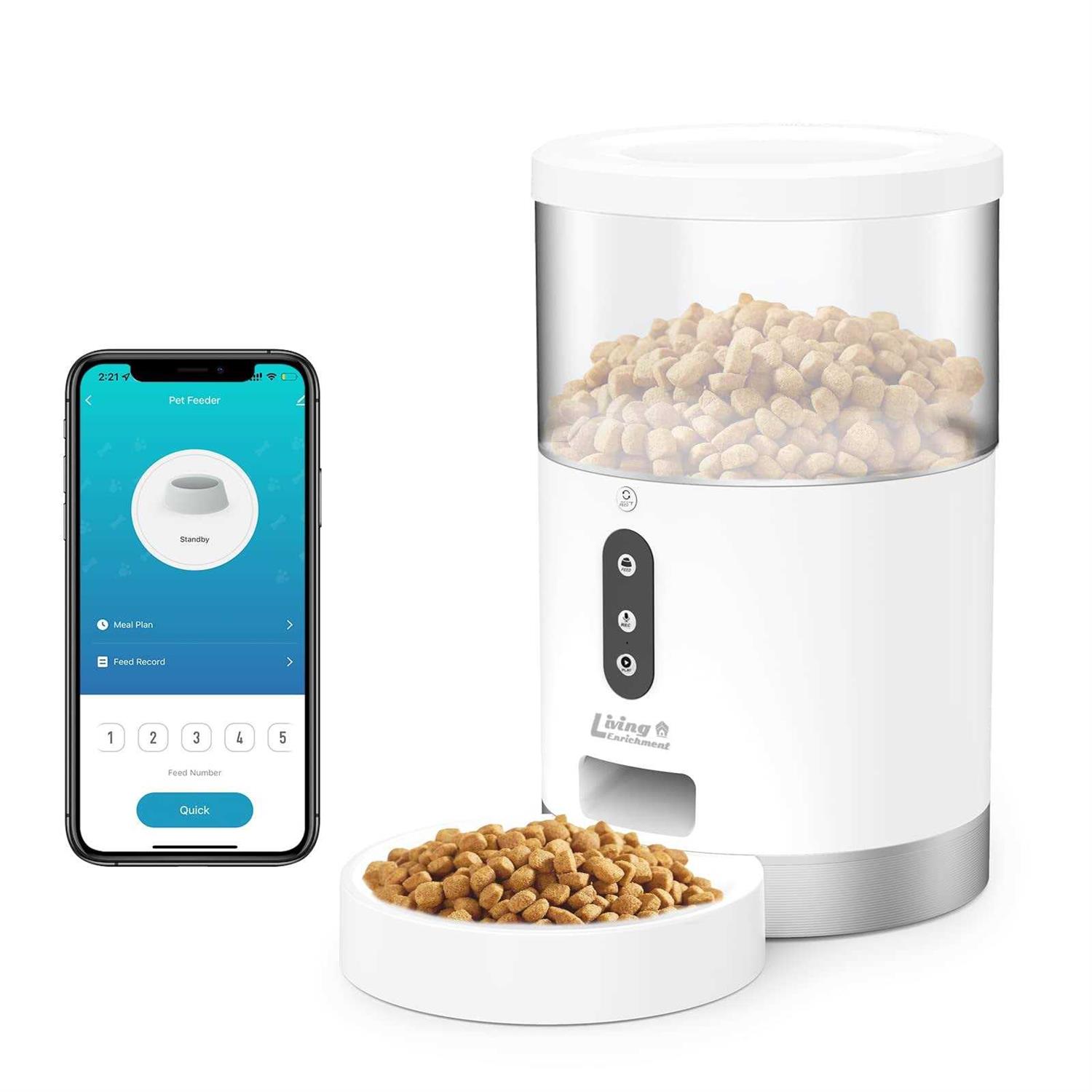 Living Enrichment Automatic Cat Feeder, Auto Dog Food Dispenser, WiFi Smart Pet Feeder 4L, Distribution Alarms and Voice Recorder