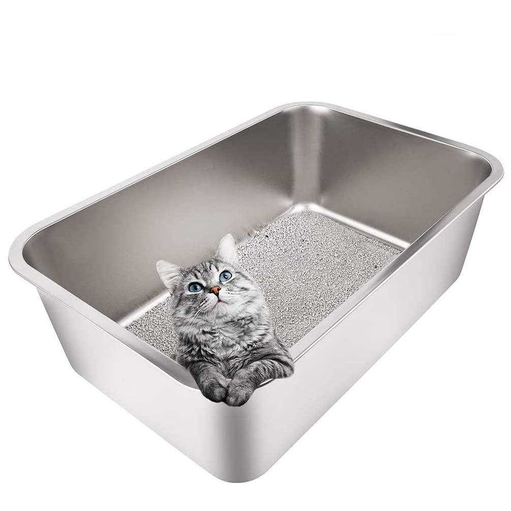 Yangbaga Stainless Steel Litter Box for Cat and Rabbit, Large Size with 8in High Sides and Non Slip Rubber Feet. Odor Control