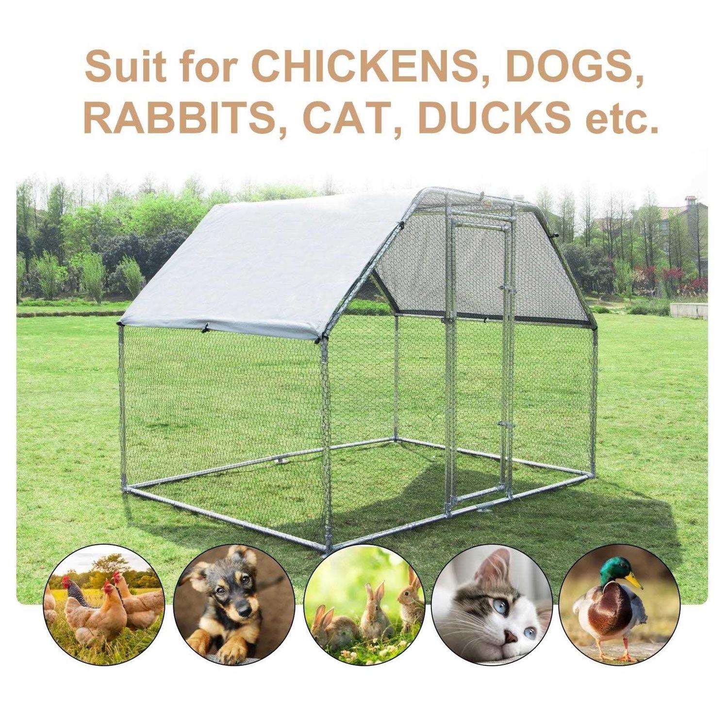 PawHut Galvanized Metal Chicken Coop Cage with Cover Walk-In Pen Run