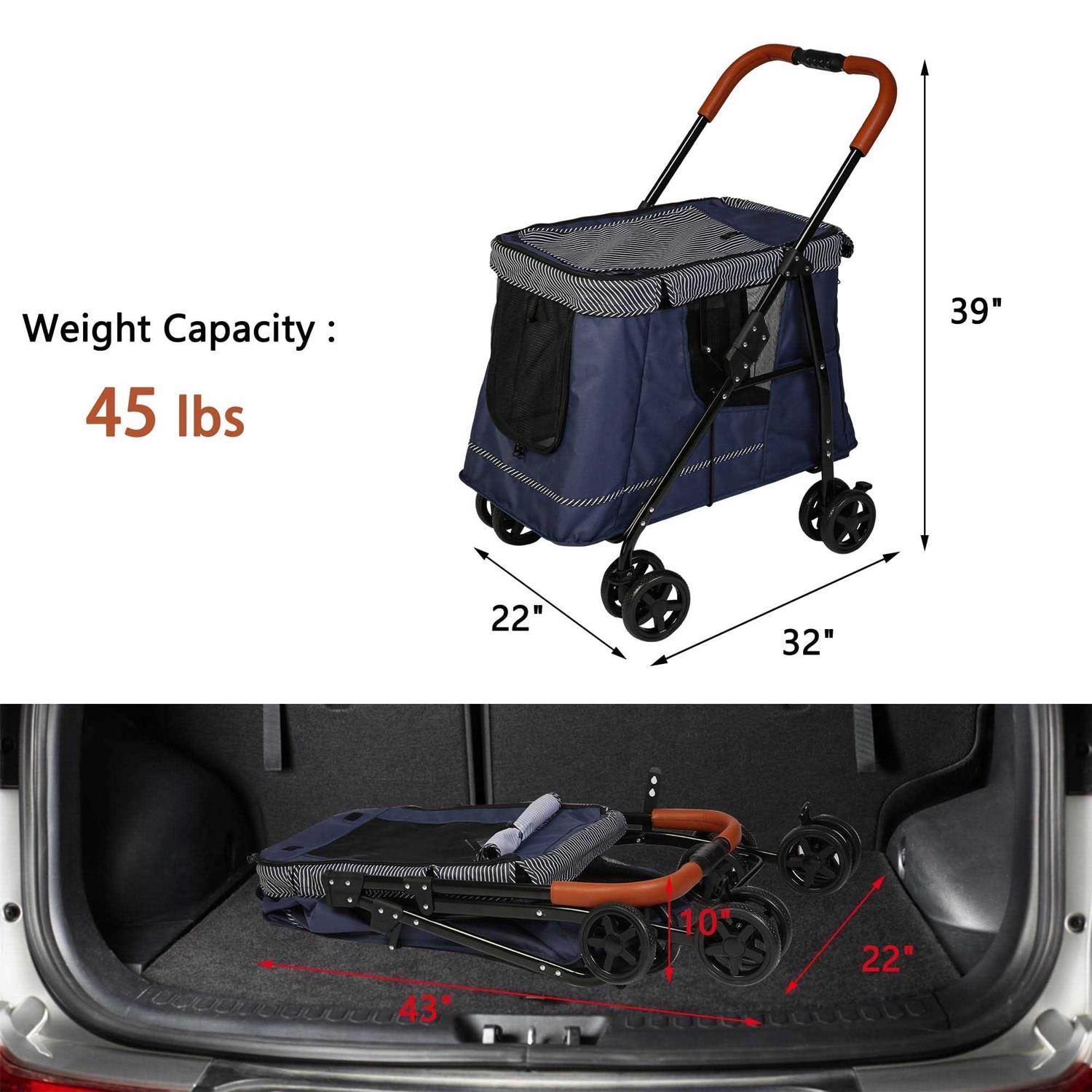 Folding Pet Stroller for Dog or Cats One-Click Folding Dog Travel Stroller with Dual Entry