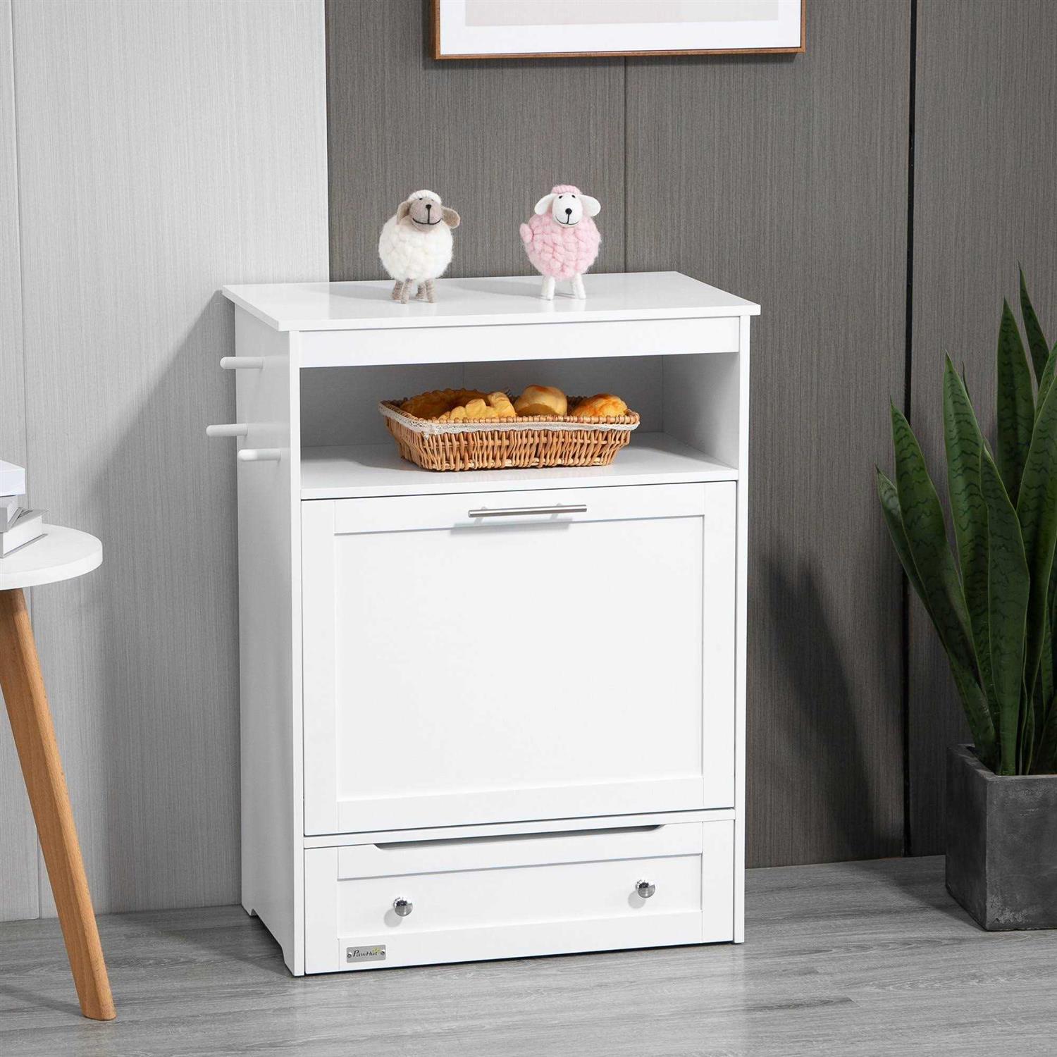 PawHut Pet Feeder Station Storage Cabinet, Dog Food Storage Container with Dog Raised Bowls and Hanger for Feeding & Watering Supplies