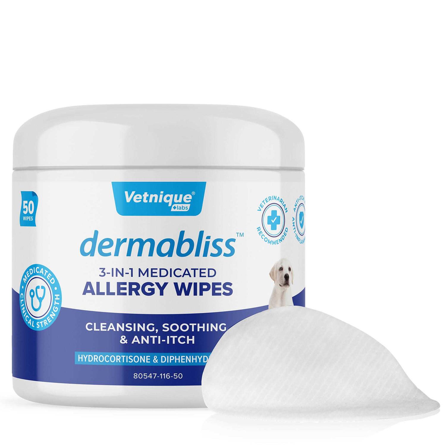 Vetnique Labs Dermabliss Medicated Hydrocortisone 3-in-1 Allergy Cat & Dog Wipes