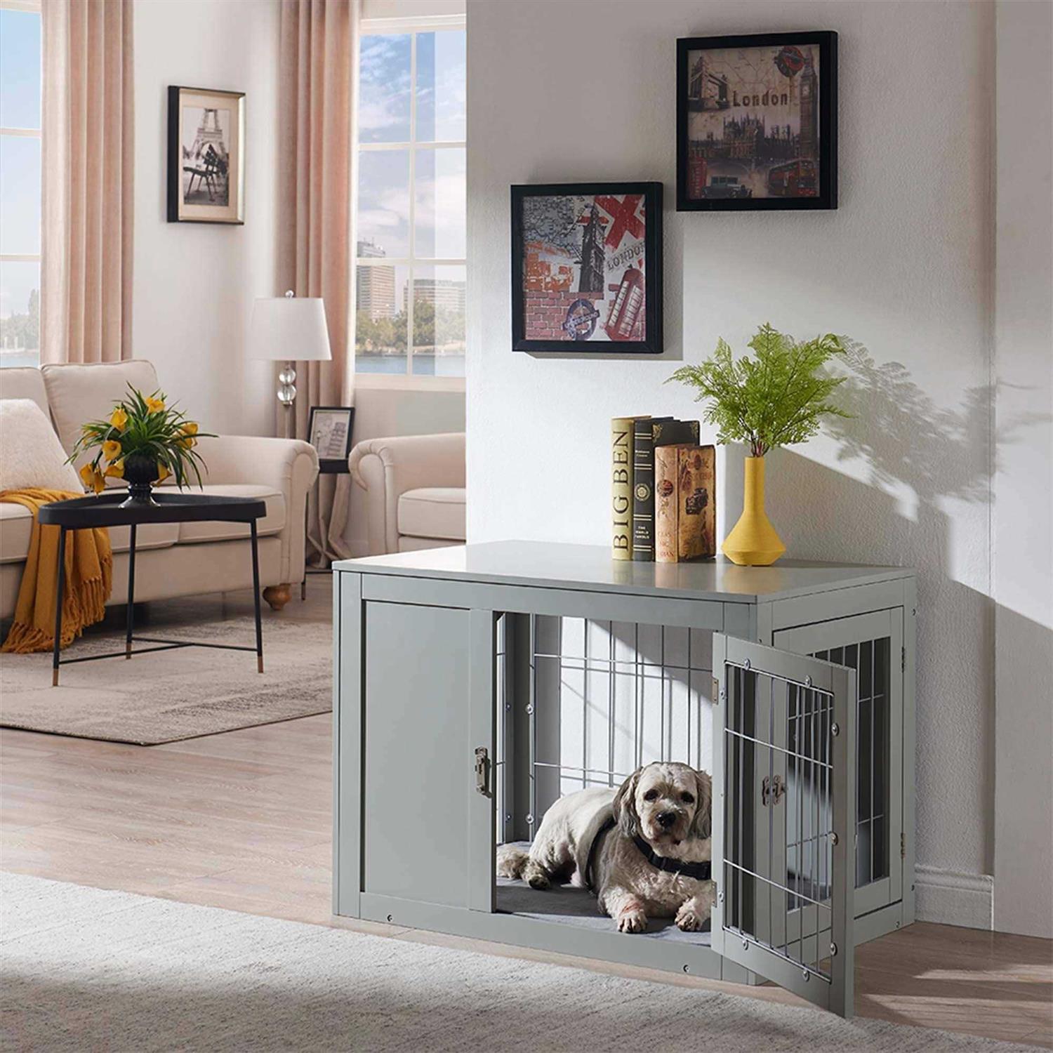 Unipaws Dog Crate End Table with Cushion Wooden Wire Pet Kennels with Double Doors