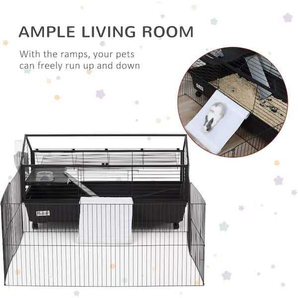 PawHut Rolling Metal Rabbit Guinea Pig or Small Animal Hutch Cage with Main House and Run