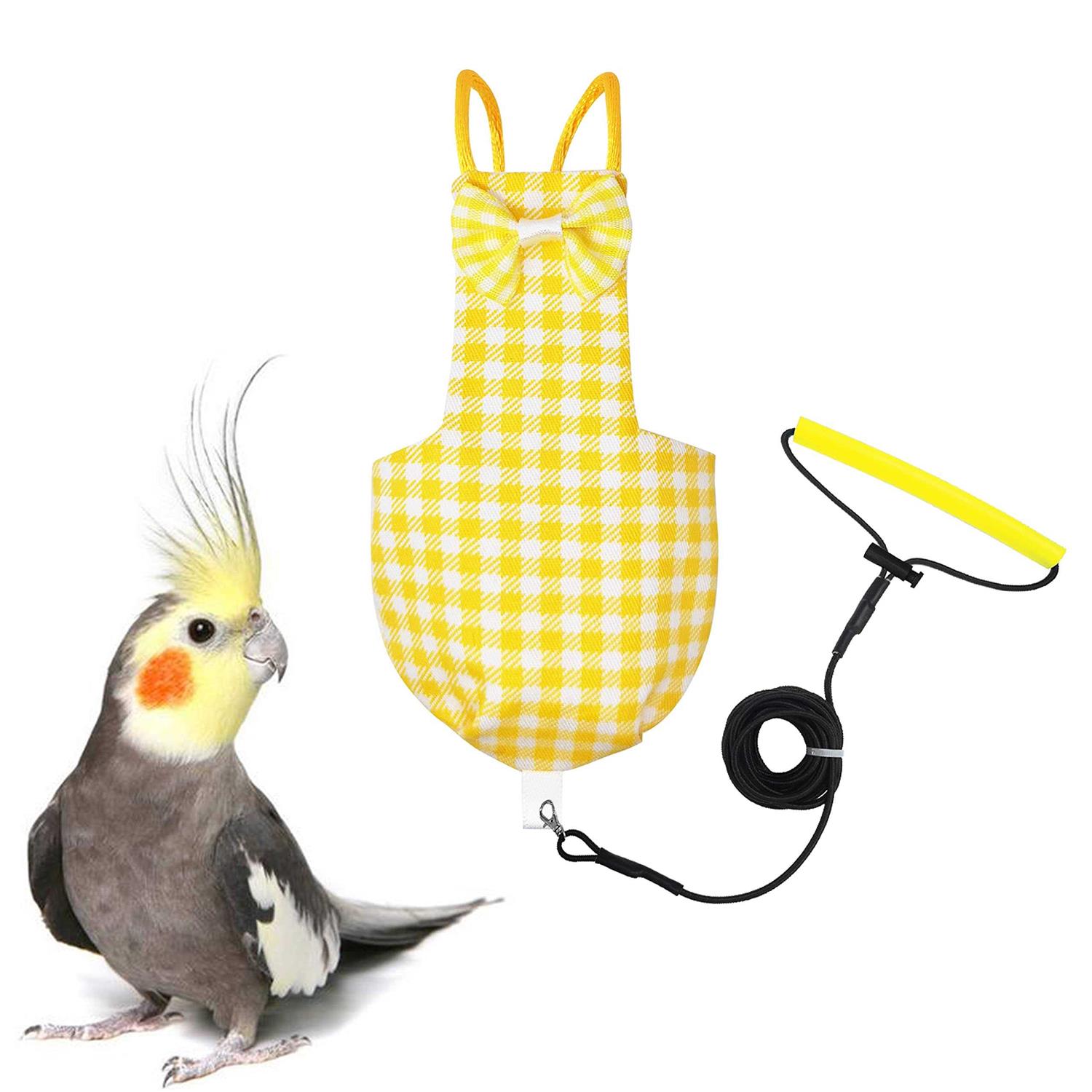 VANTRONIK Vanfavori Bird Diaper Harness Flight Suit Clothes with 80 Inch Flying Leash for Parrots Cockatiel Pet Birds Lemon