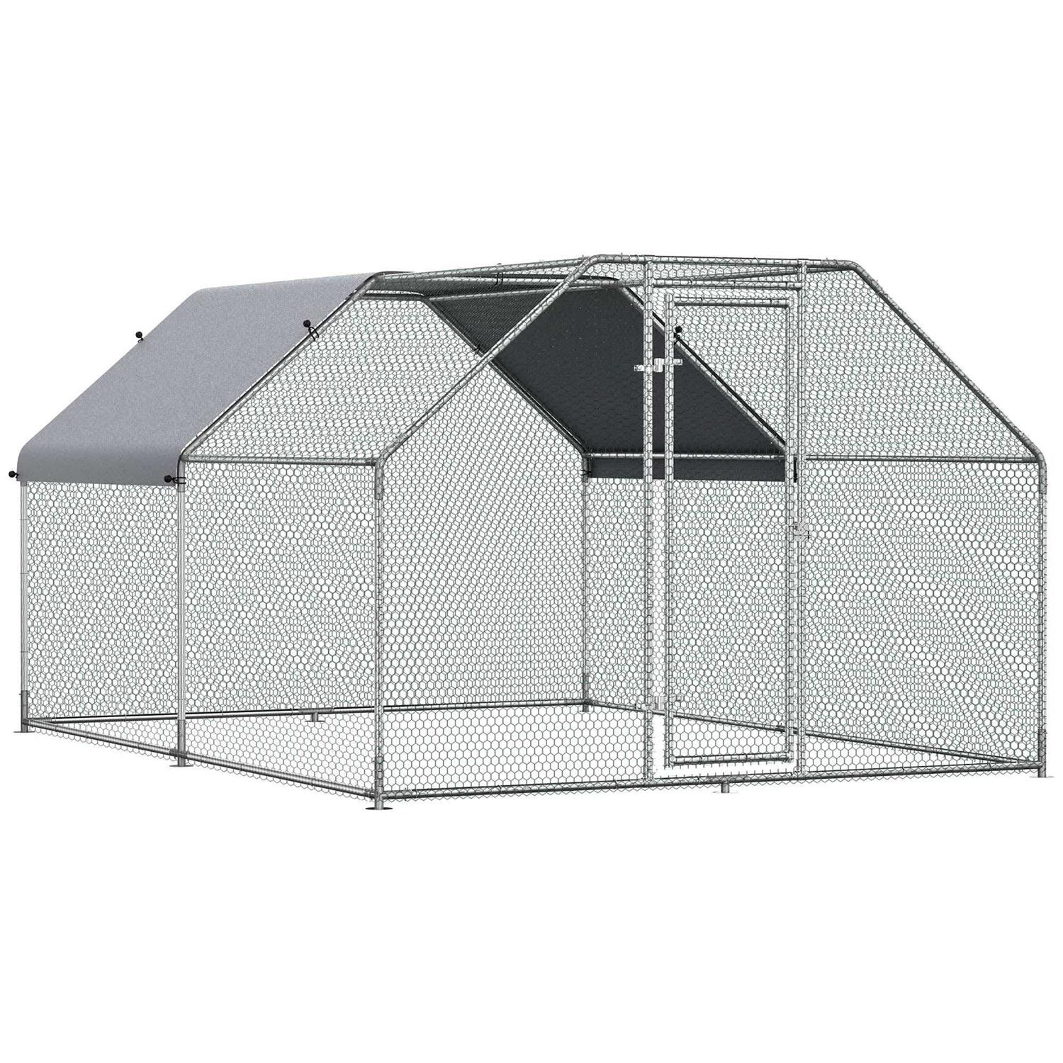 PawHut Galvanized Metal Chicken Coop Cage with Cover Walk-In Pen Run