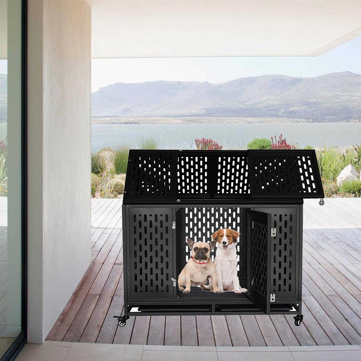 JINTANGLI PET Heavy Duty Dog Crate Cage Kennel, Roof Large Strong Metal Playpen for Large Medium Dogs with Four Sturdy Locks and Four Lockable Wheels