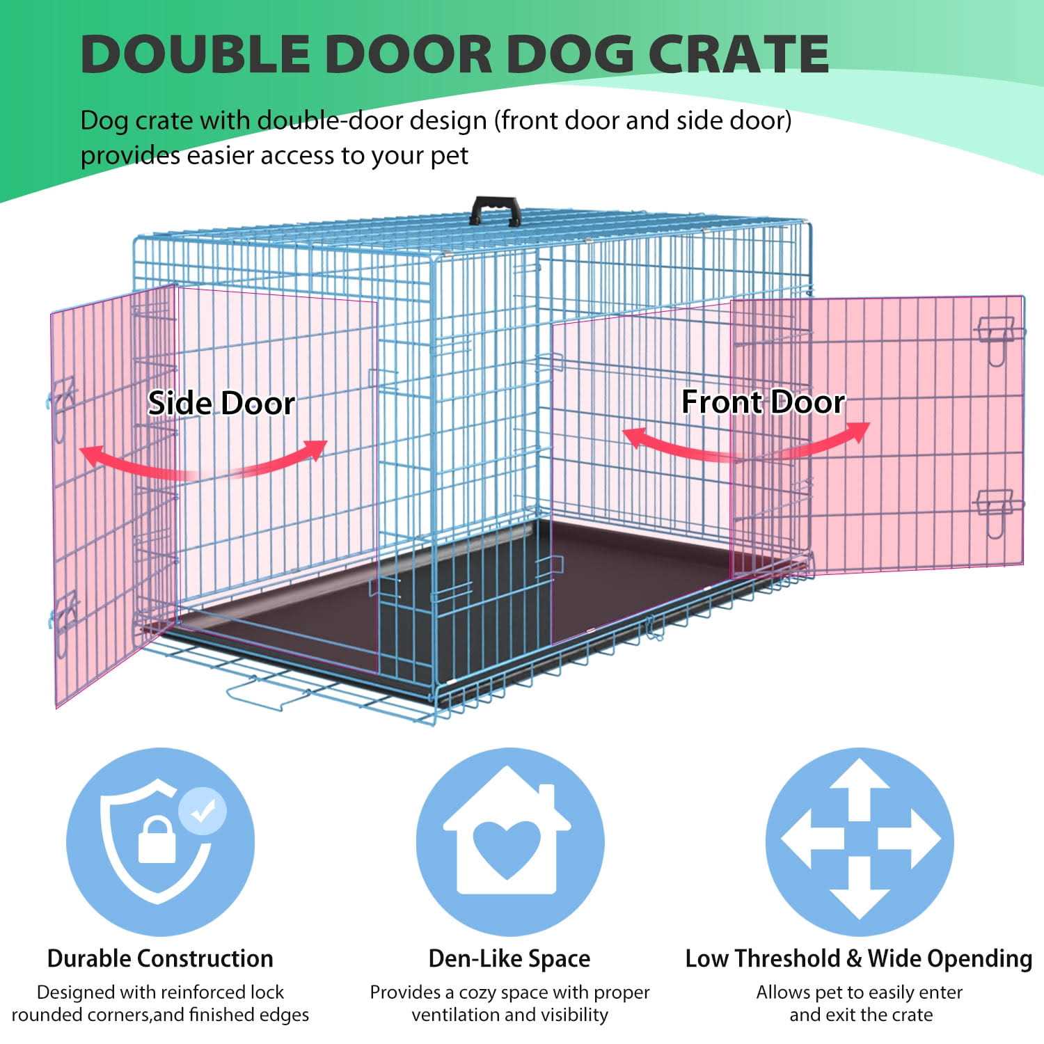 Yrllensdan Foldable Large Dog Crate for Large Dogs, Metal Wire Dog Cage with Plastic Tray and Handle Double-Door Outdoor Dog Crates and