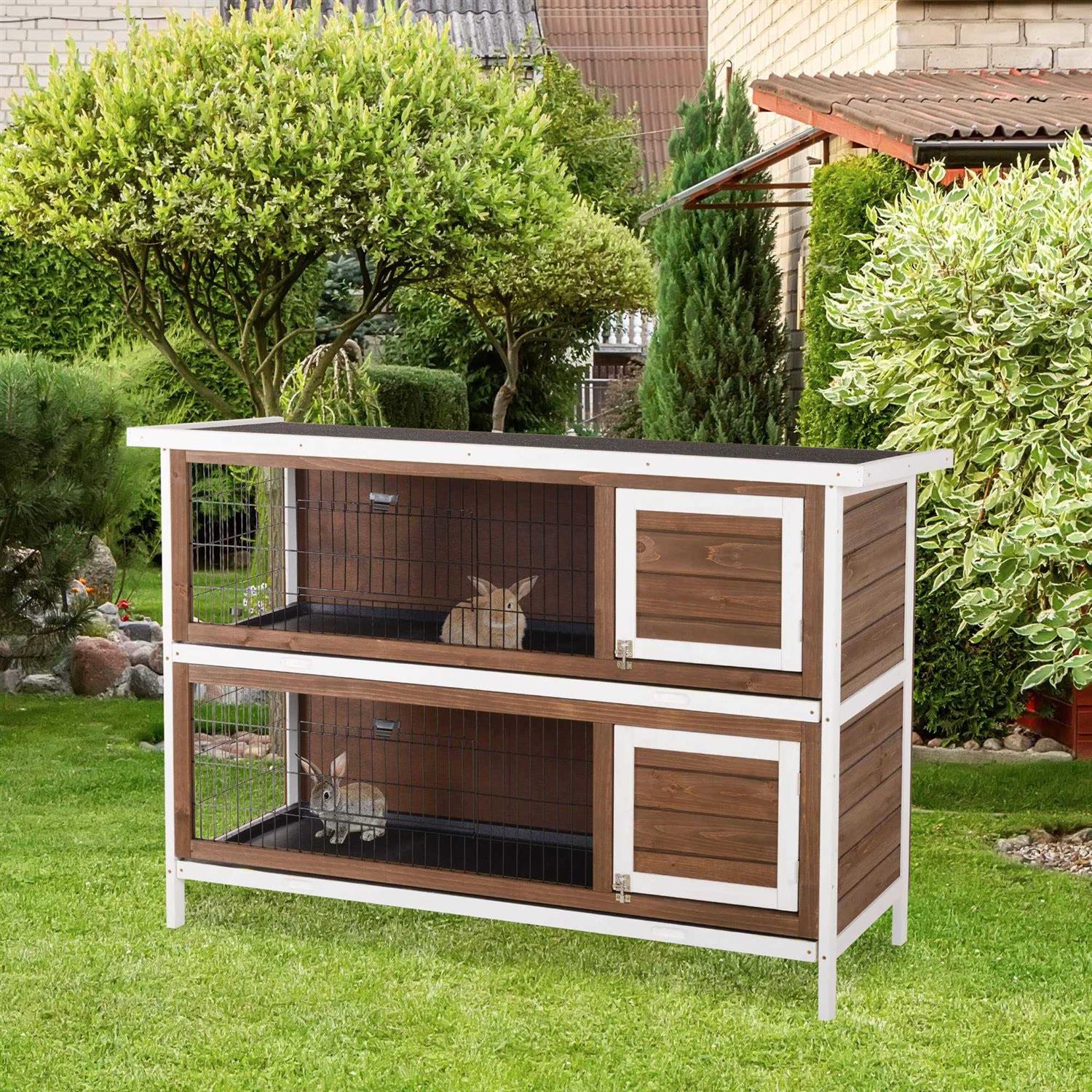 PawHut 54 2-Story Large Rabbit Hutch Bunny Cage Wooden Pet House Small Animal Habitat with Lockable Doors, No Leak Tray and Waterproof Roof