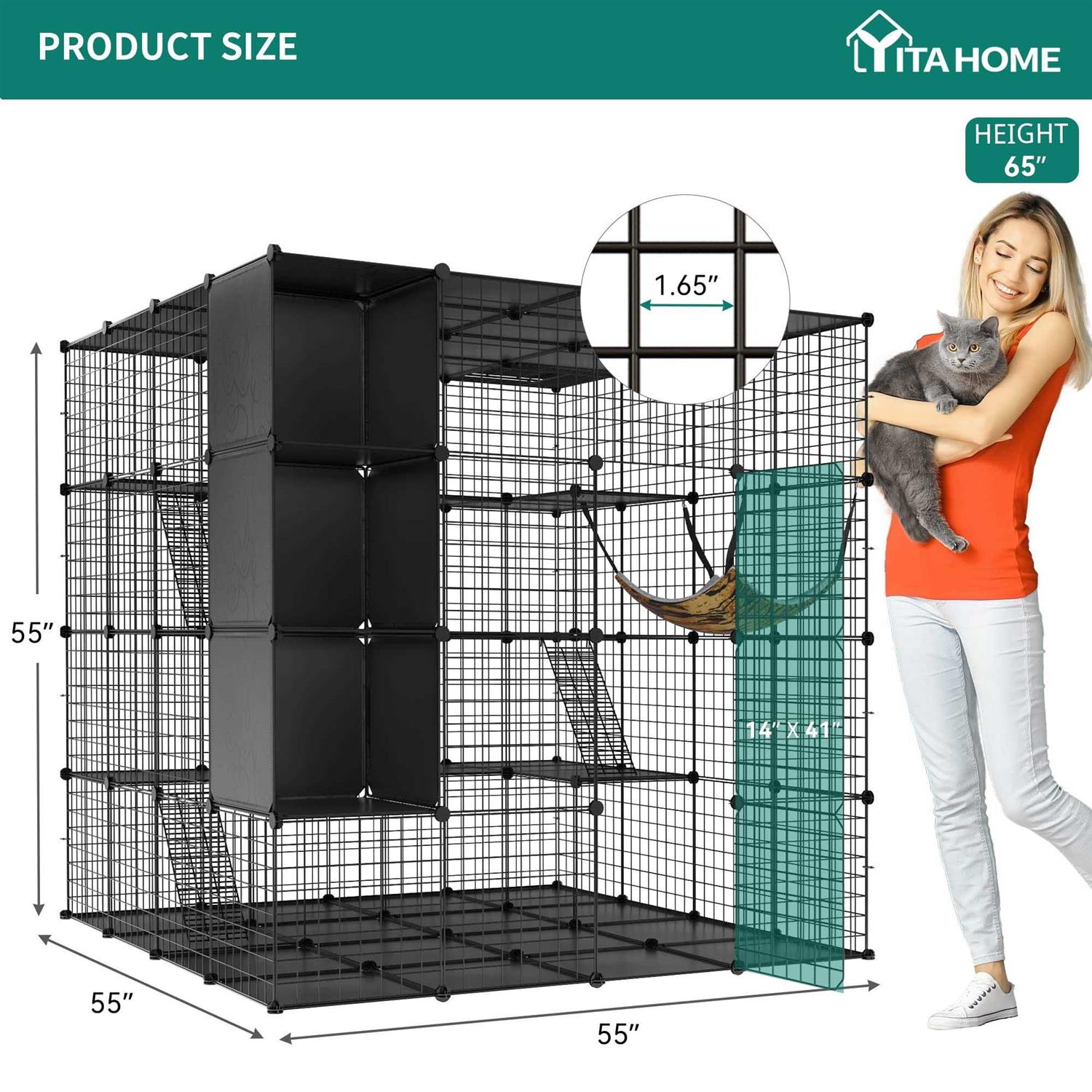 YITAHOME Cat Cage Indoor Large with Storage Cube DIY Catio Cat Enclosures Metal Cat Playpen with Hammock 1-4 Cats Tiers Cat
