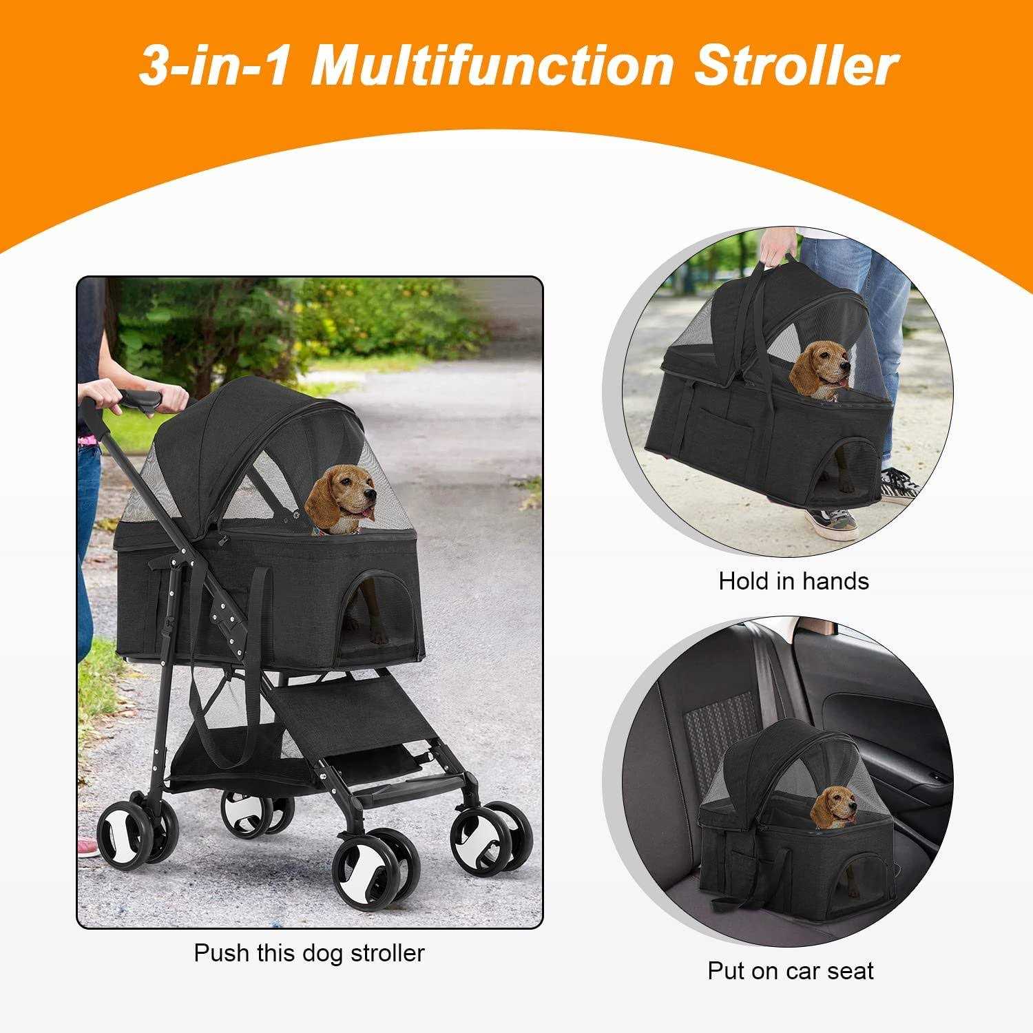 Bestpet 3-in-1Pet Stroller Premium Multifunction Dog Cat with Detachable Carrier &Cup Holder