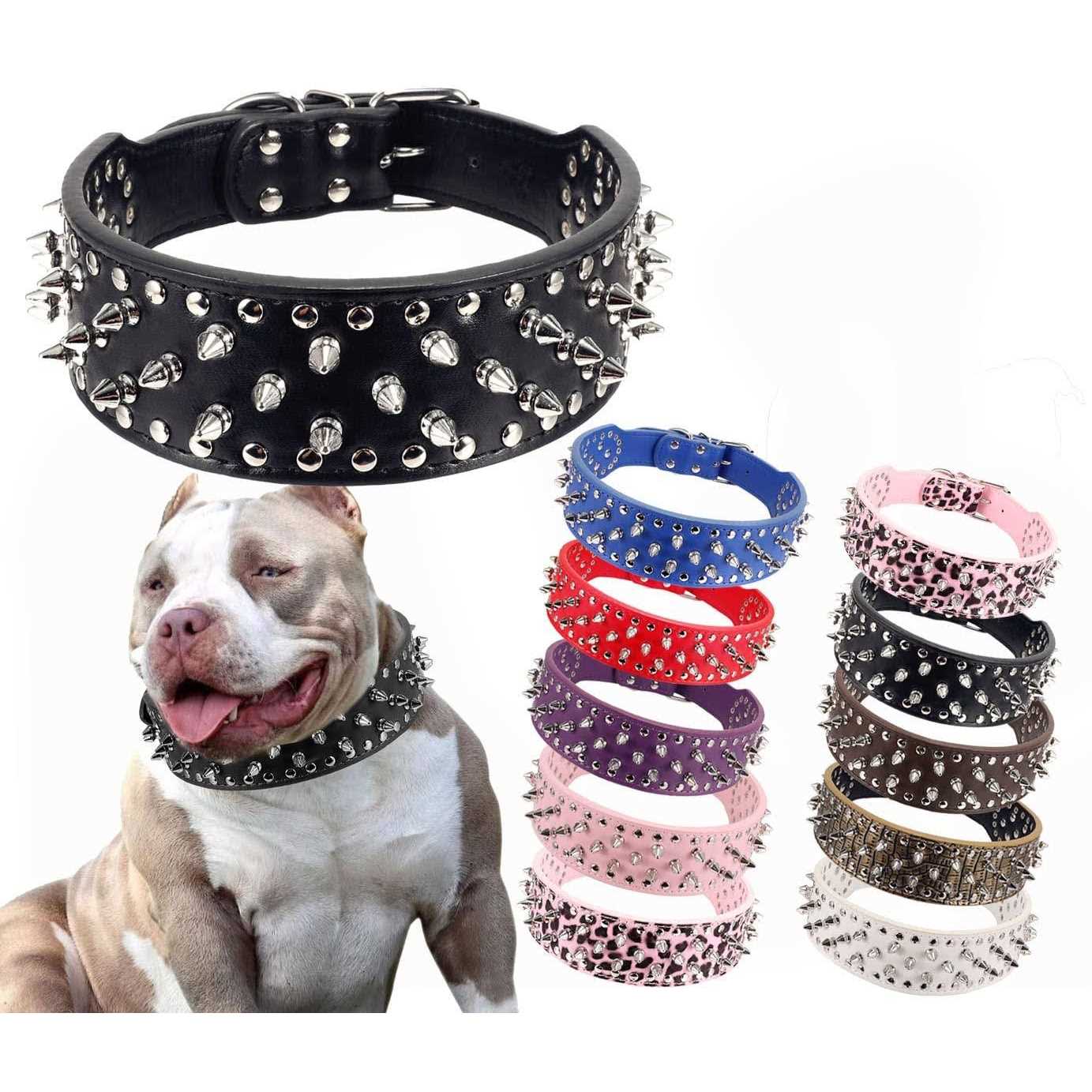 Hoot Pu Leather Adjustable Spiked Studded Dog Collar 2 Wide Spikes