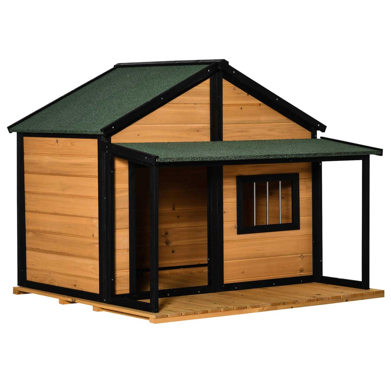 PawHut Outdoor Dog House Cabin Style Wooden Raised Pet Kennel with Asphalt Roof