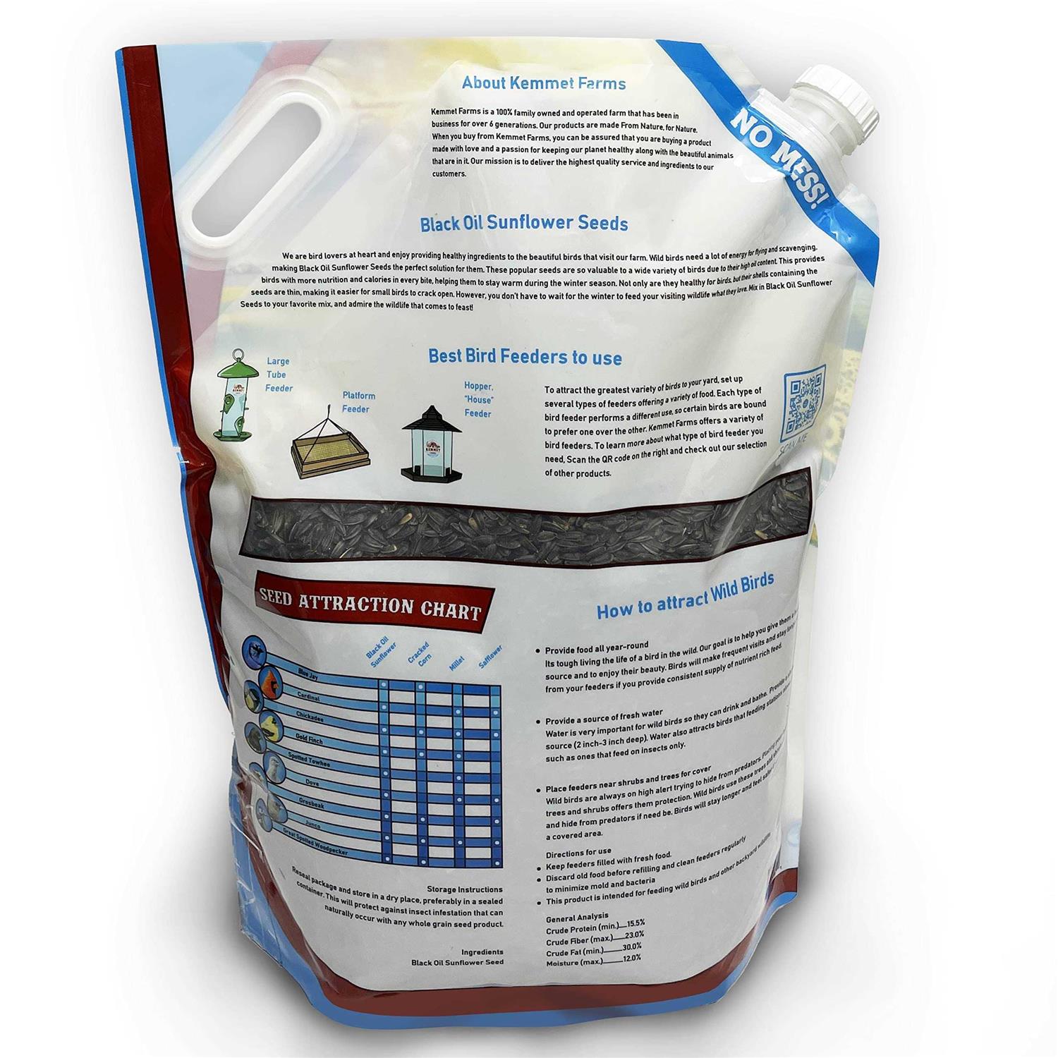 KEMMET FARMS Premium Bird Food Black Oil Sunflower Seeds for Birds Easy No Spill Pour Spout W/Screwable Cap for Storage