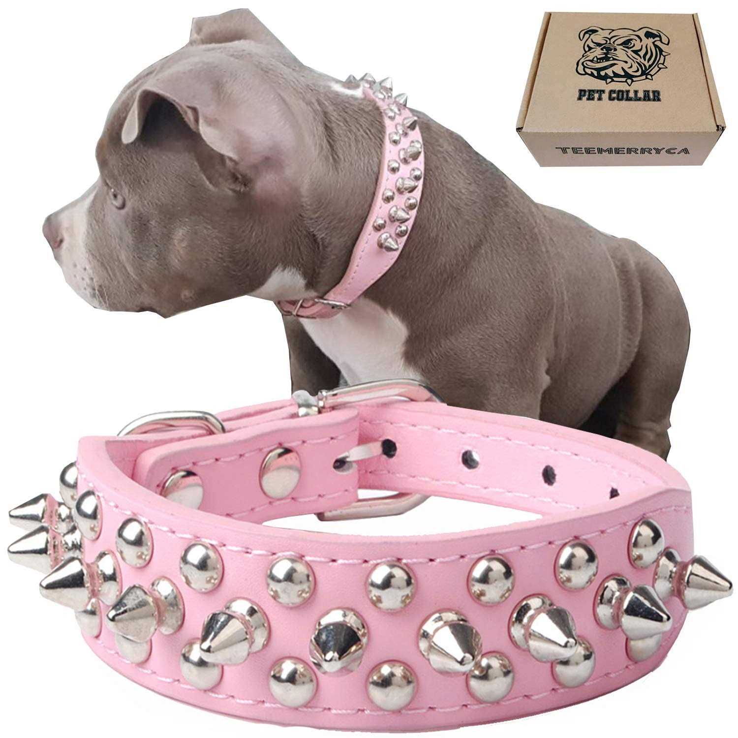 Teemerryca Adjustable Leather Spiked Studded Dog Collars with a Squeak Ball Gift for Small Medium Large Pets Like Cats/Pit Bull/Bulldog