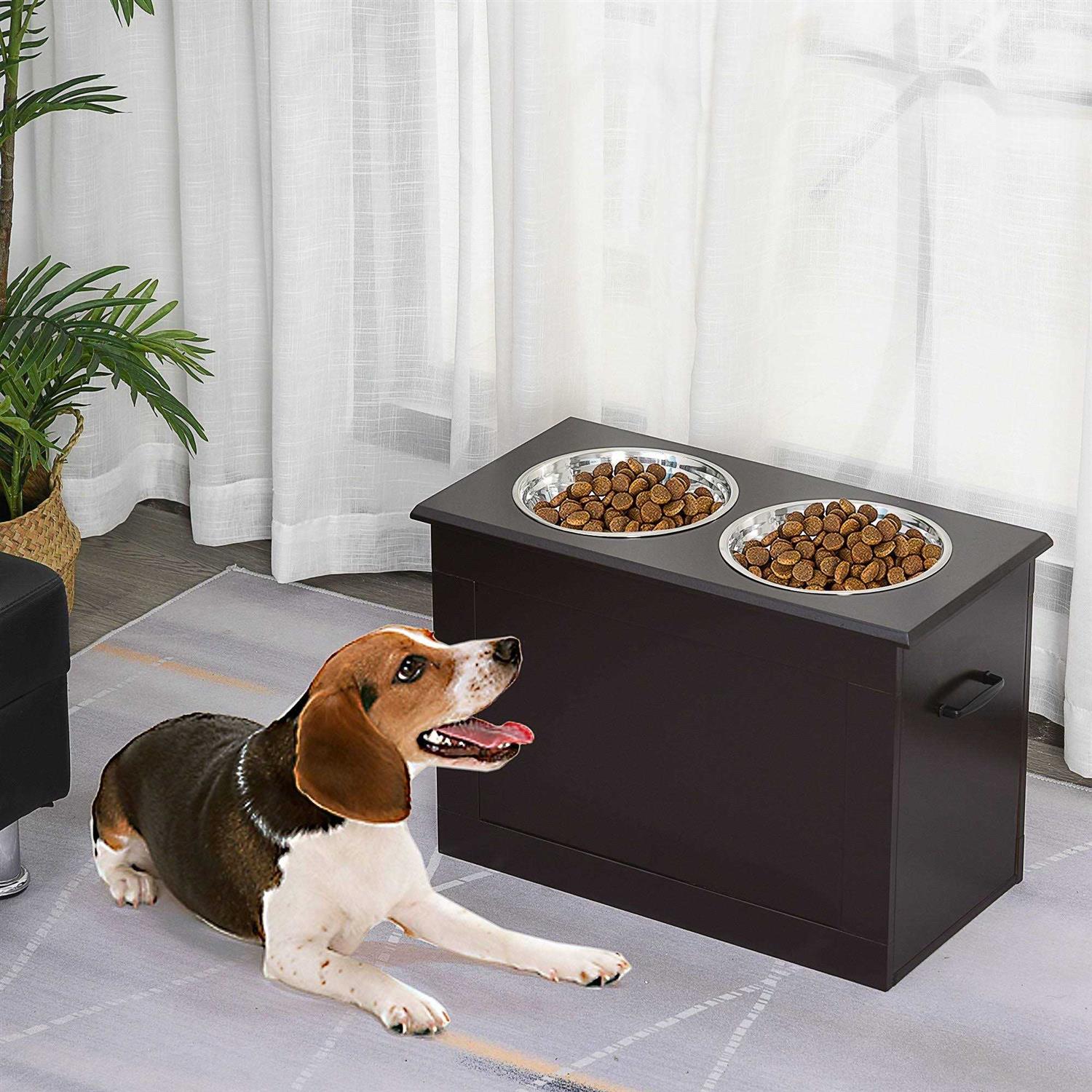 PawHut Raised Pet Feeding Storage Station with 2 Stainless Steel Bowls Base for Large Dogs and Other Large Pets