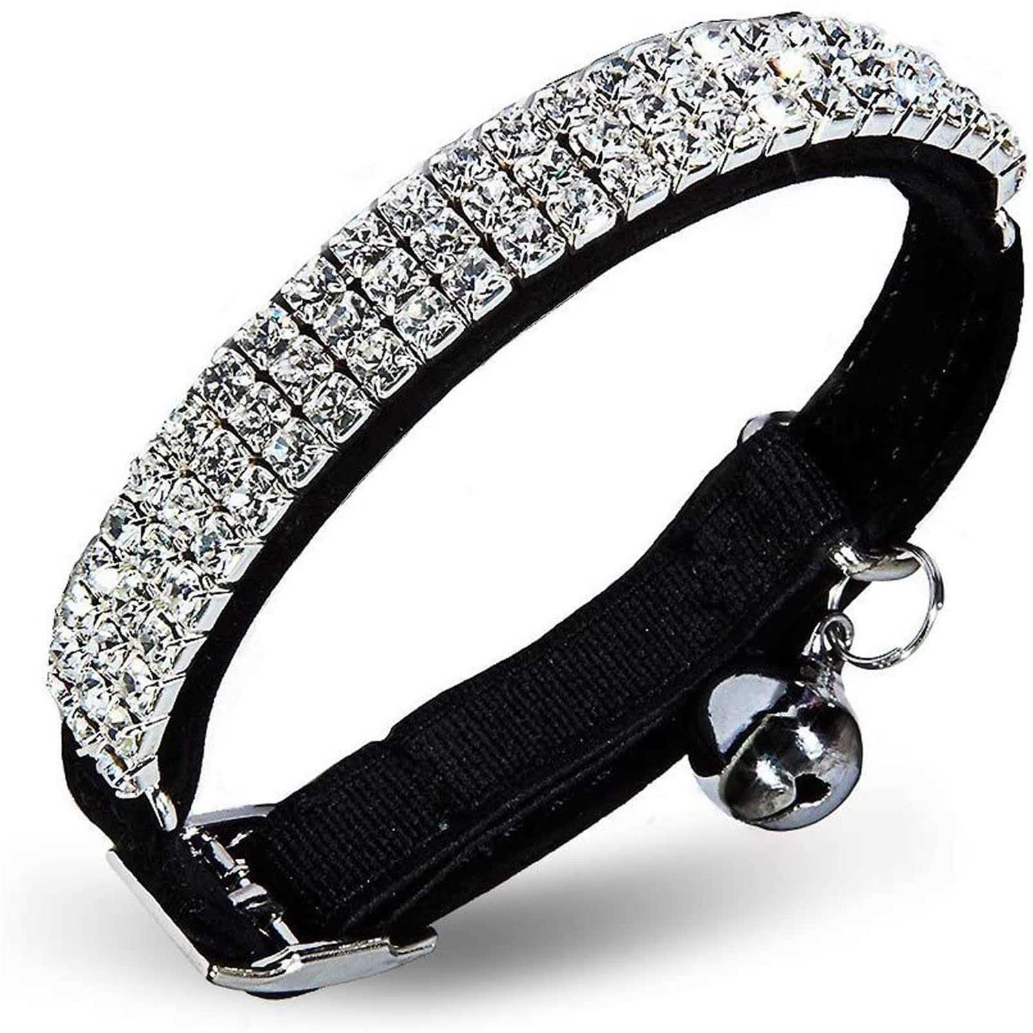CHUKCHI Soft Velvet Safe Cat Adjustable Collar Bling Diamante With Bells,11 inch for Small Dogs and Cats